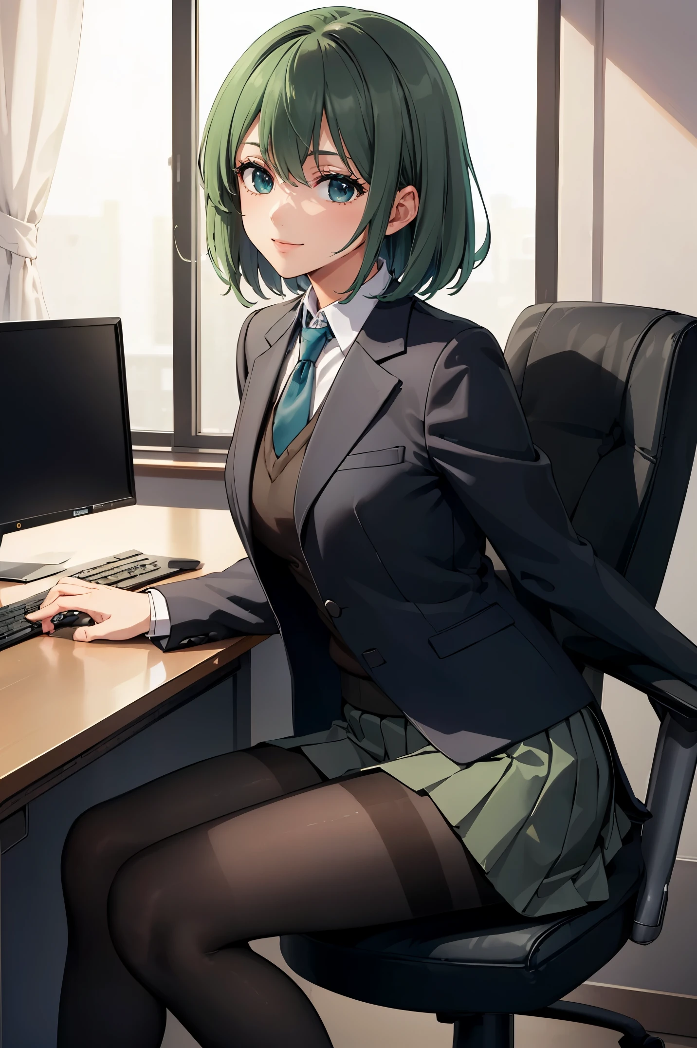 ((((masterpiece)))), (((highly detaile))), (((high definition))), ((excellent anatomy)), (((best quality))), ((very delicate and beautiful )), ((very detailed and delicate)), (8k cg wallpaper),trader girl, sitting on chair looking at monitor, multiple monitors, computer, desk, gaming chair, ((forex chart on monitor)),indoors,BREAK green hair,medium hair,smile,sitting,suit,jacket,pleated skirt,((black pantyhose))