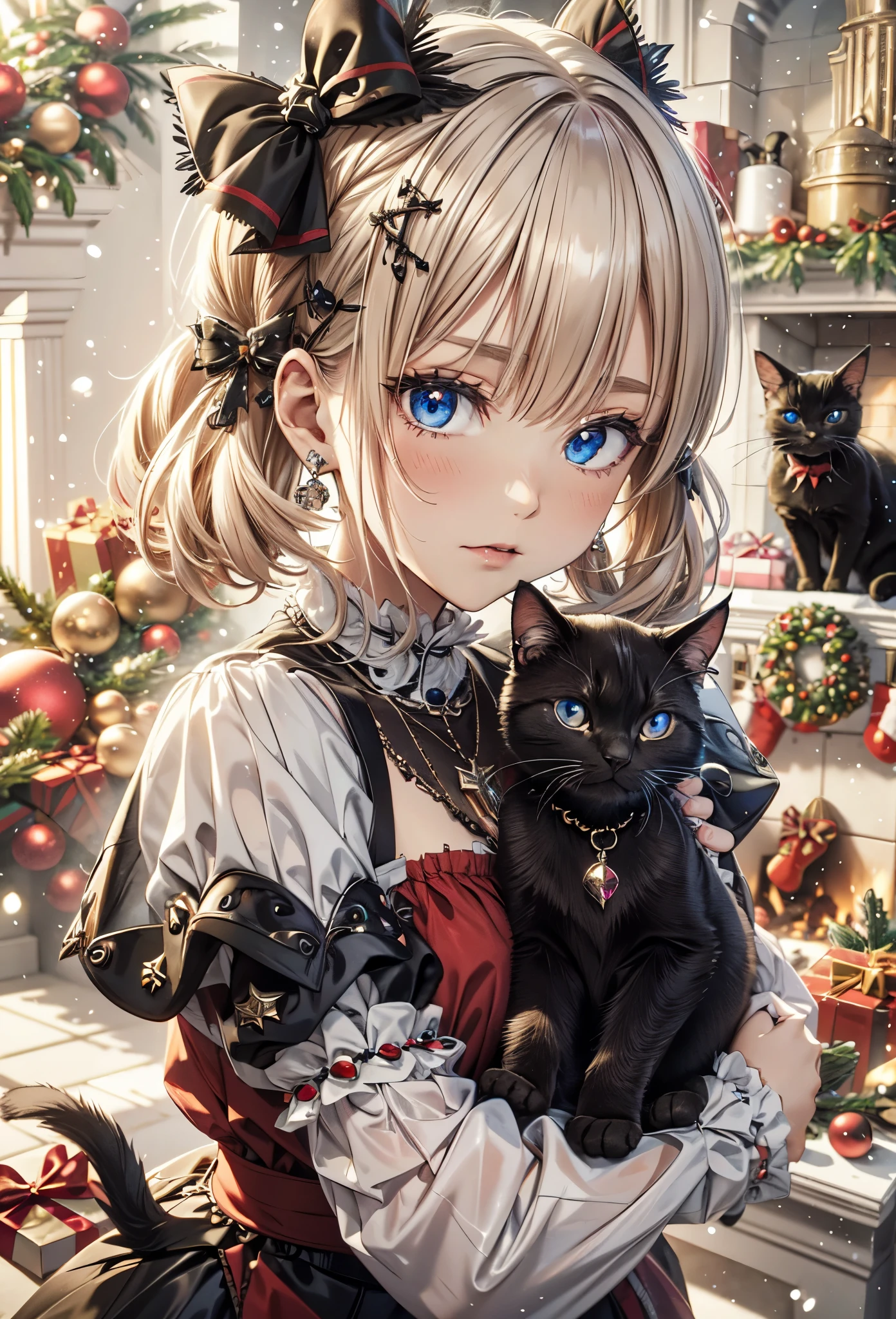 absurderes, ultra-detailliert,bright colour, Short hair,Blonde hair with fluffy short twintails:1.2)Shiny hair,(gothic lorita:1.5),(Celebrate Christmas in a room with a fireplace:1.2),(Kiss Face:1.3),(Christmas tree),Christmas Decorations,(Illuminated light),(many black cats:1.3),Delicate beautiful face, red blush、(Deep Blue Eyes:1.5), White skin, hair clips, earrings, a necklace,