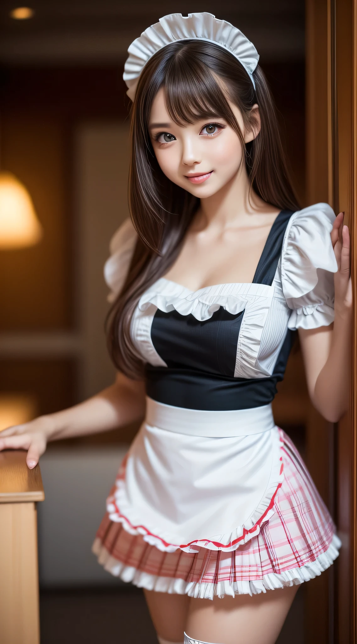 (1young girlrown hair, Amazing face and eyes, Pink eyes, seducting smile, (Maid café costume with frills, Pleated mini-skirt:1.5), (Wide open maid cafe costume:1.2), bared  chest, (amazingly beautiful girl), Brown hair, Stylish hair ornamen Quality:1.4), (Ultra-detailed), (extremely detailed CG unified 8k wallpaper), Highly detailed, High-definition raw color photos, Professional Photography, depth of fields, (View from below),