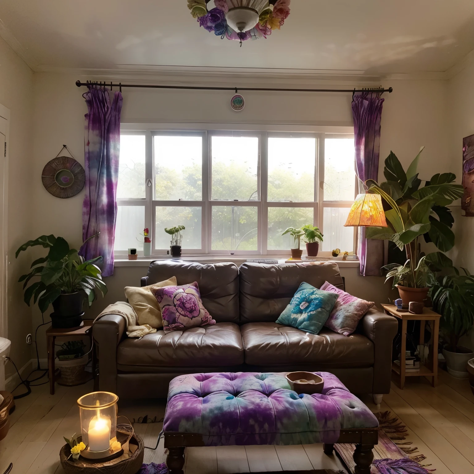 tie dye room、plantdyeing、flower lamp、picture frame window、Colorful lights、stele、candles、Plant-dyed sofa