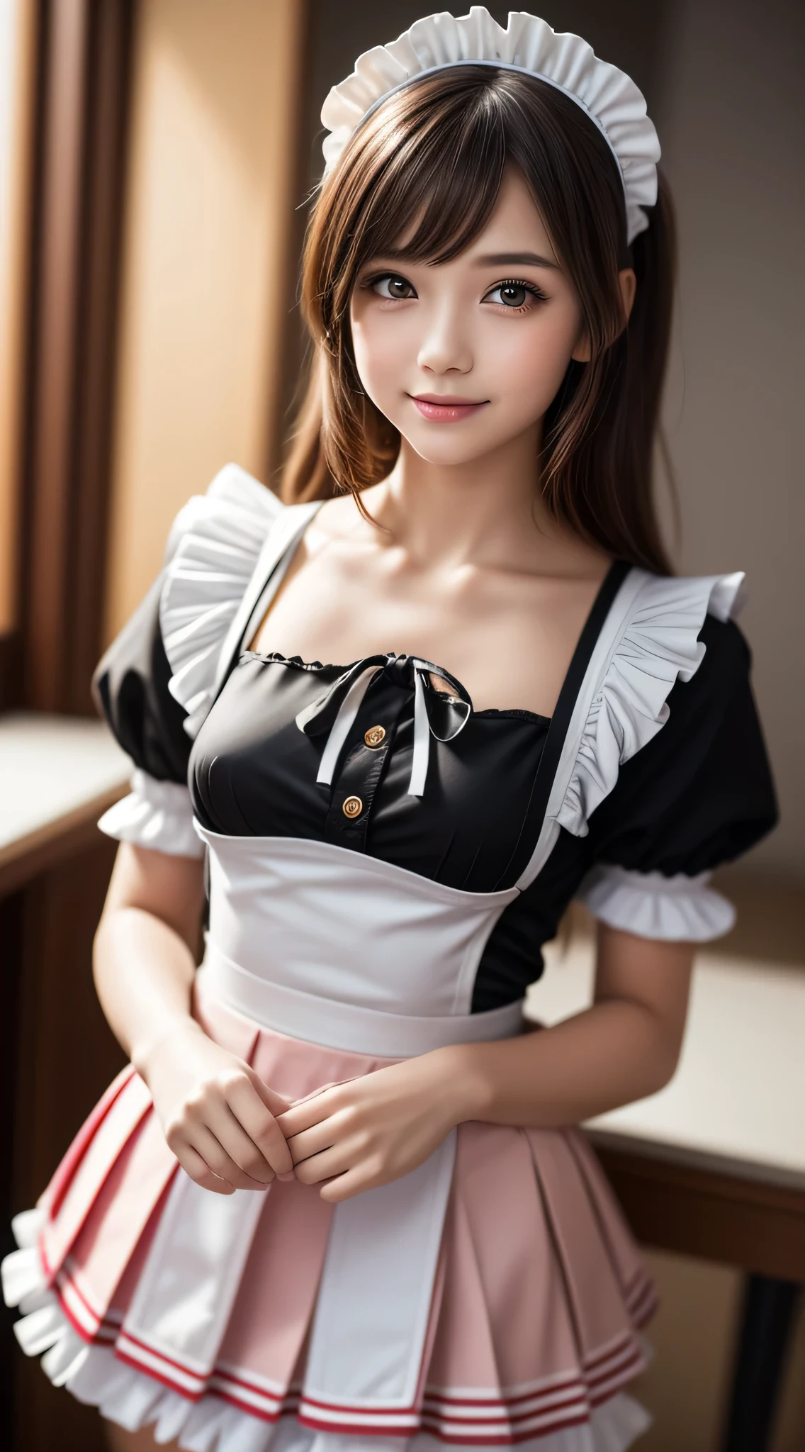 (1young girlrown hair, Amazing face and eyes, Pink eyes, seducting smile, (Maid café costume with frills, Pleated mini-skirt:1.5), (Wide open maid cafe costume:1.2), bared chest, (amazingly beautiful girl), Brown hair, Stylish hair ornamen Quality:1.4), (Ultra-detailed), (extremely detailed CG unified 8k wallpaper), Highly detailed, High-definition raw color photos, Professional Photography, depth of fields, (View from below),