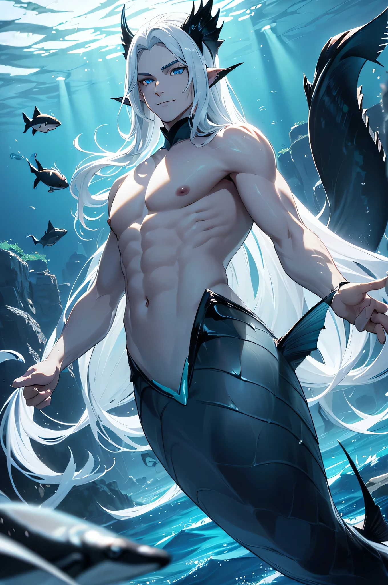 Meisterwerk, Attraktiv, elegant, beautiful, (((Meermann))) mit (((schwarzer Fischschwanz))), bis, Fish scales on the body, (white long hair), (dunkelblaue Augen), Perfektes Gesicht, slight evil smile, (flossenartige Ohren), ((unter Wasser)). Tiefsee. Fische schwimmen im Hintergrund. Dunkle, unheilvolle Szene. High quality
