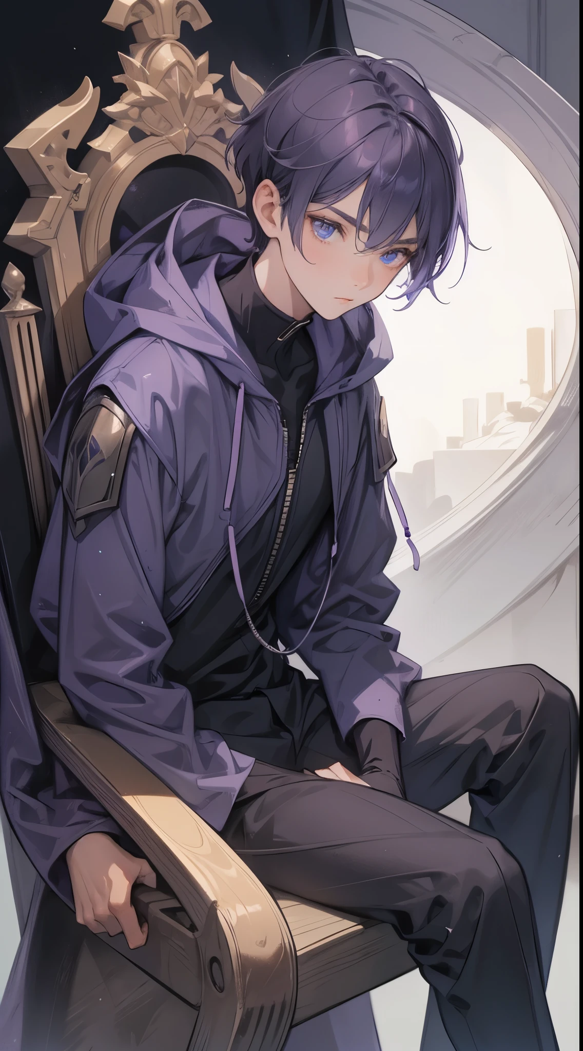 Teenage boy, Short purple hair, obsidian colored eyes, sitting on a throne floating in an empty void background, wearing plated armor with a hooded.