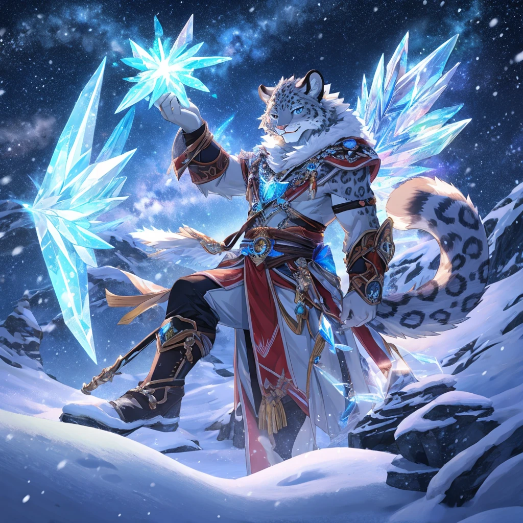 A snow leopard，stronagic energy，gorgeouagic， crystals，，The upper part of the body