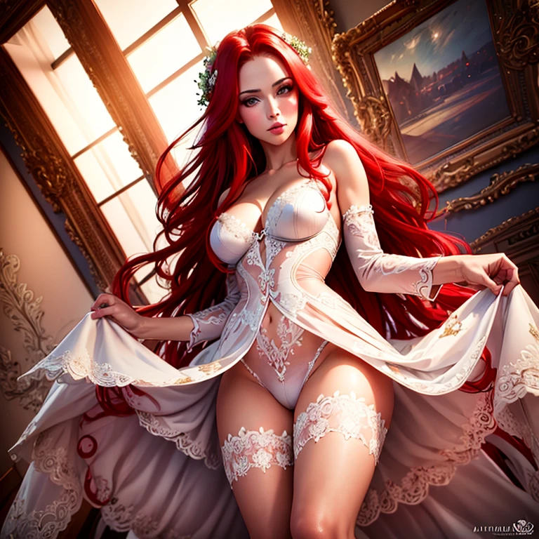 (best quality,highres,masterpiece:1.2),ultra-detailed,realistic, HDR, long red hair, beautiful detailed eyes, beautiful detailed lips, (wedding dress, room, bridal lingerie, wedding theme), alta calidad,rojo,estilo realista, detallado, vestido de novia, room, bridal lingerie, tema de boda