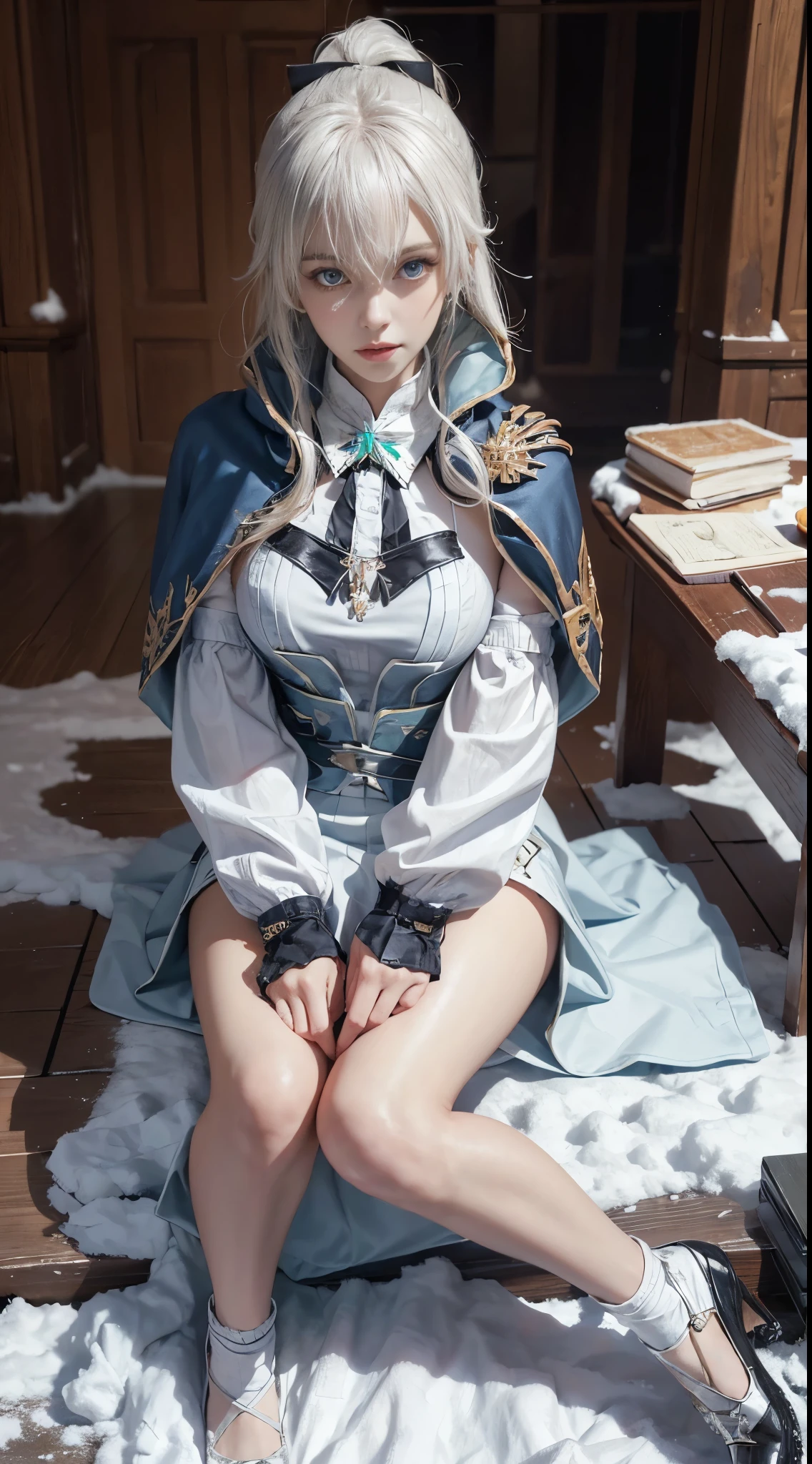 realisticlying, A high resolution, 1 Women, Alone, hip-up,(ta costume), pretty eyes, White hair, eye socket, (Sat down,Cloak,snow field),((lifting her skirt,)),jeanrnd,