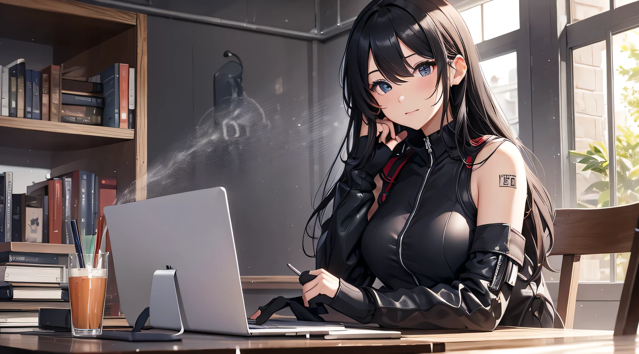 top-quality、Top image quality、​masterpiece、Teenage girl((Black Suit、18year old、 Ager、Best Bust、big bast,Black eyes, Long Black Hair、A slender,Large valleys、sit a chair、Operating a computer)),hiquality、Beautiful Art、Background with((Calm room、bookcase、black walls、window、snow blowing、The table、Hot milk))​masterpiece、depth of fields,Cinematic style