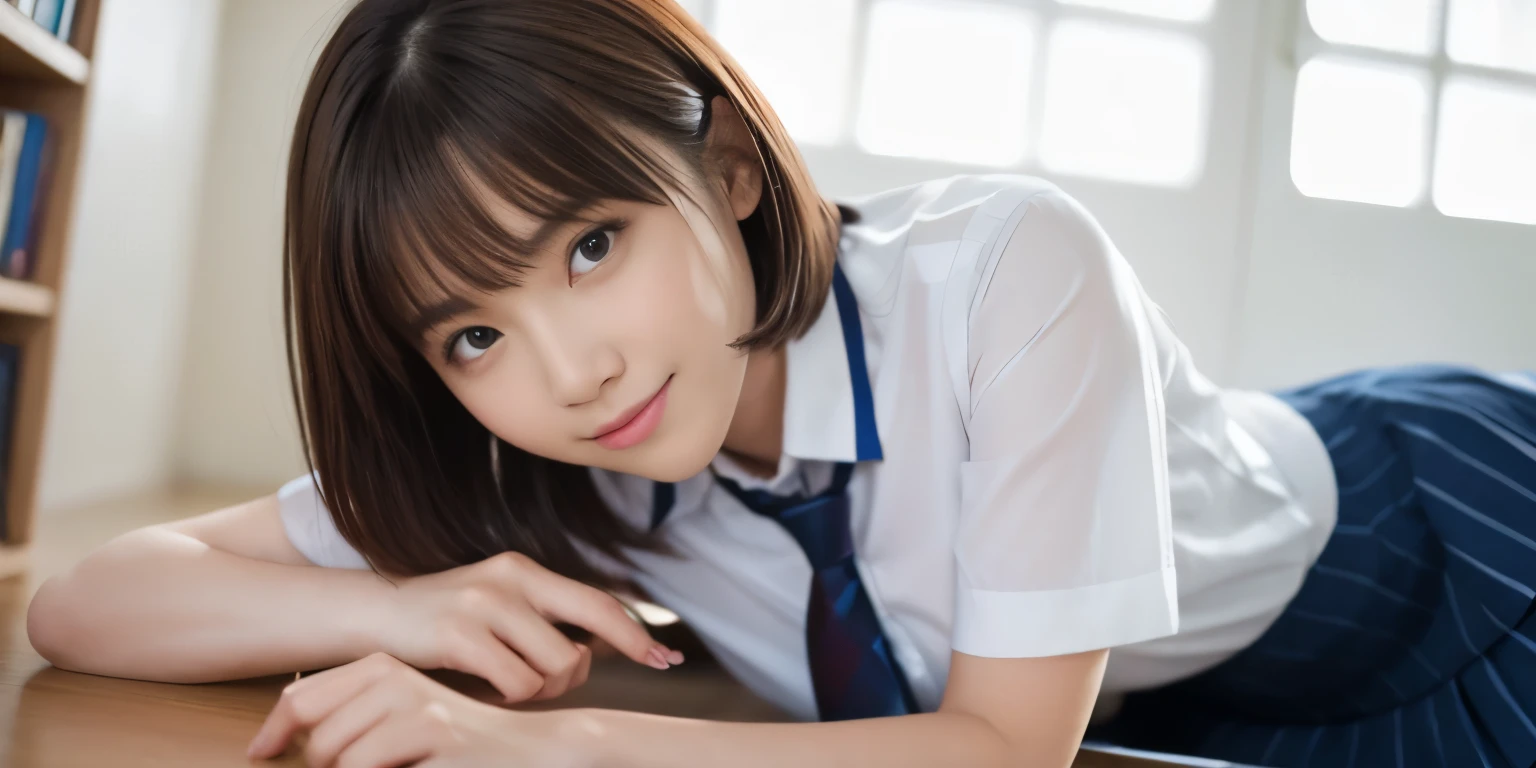 nsfw, 1girl, solo focus, masterpiece, Best Quality, 8K, hight resolution, extremely detailed girl, extremely detailed beautiful face, Beautiful skin, shiny skin, side view, looking at viewer, face focus, , japanese, upper body, smile, (lying:1.3), medium breasts, cleavage, school uniform, dark blue pleated skirt, white collared shirt, tie, brown hair, short hair, indoors, library, chromatic abberation, Sharp Focus, face lights,
