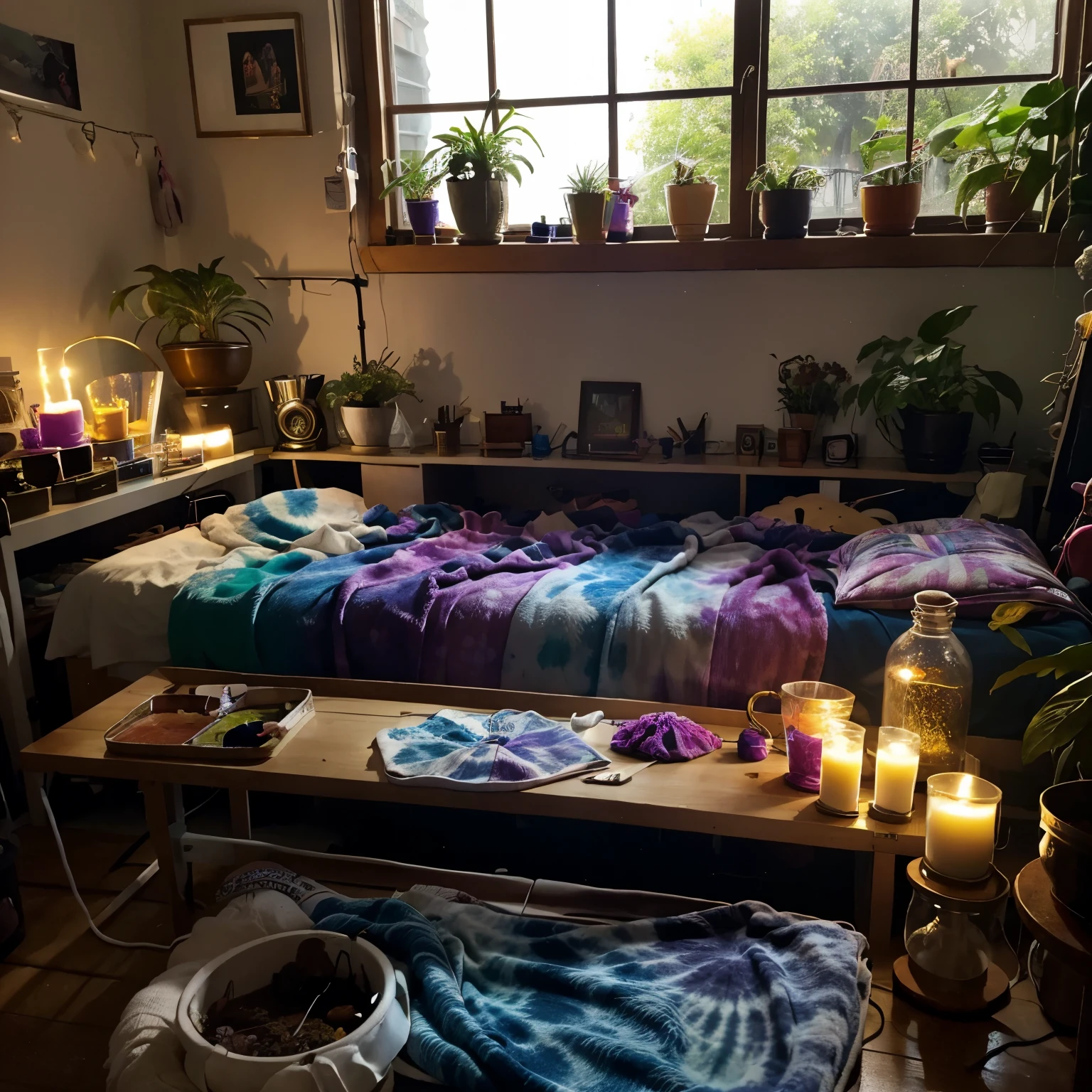 tie dye room、plantdyeing、flower lamp、picture frame window、Colorful lights、stele、candles