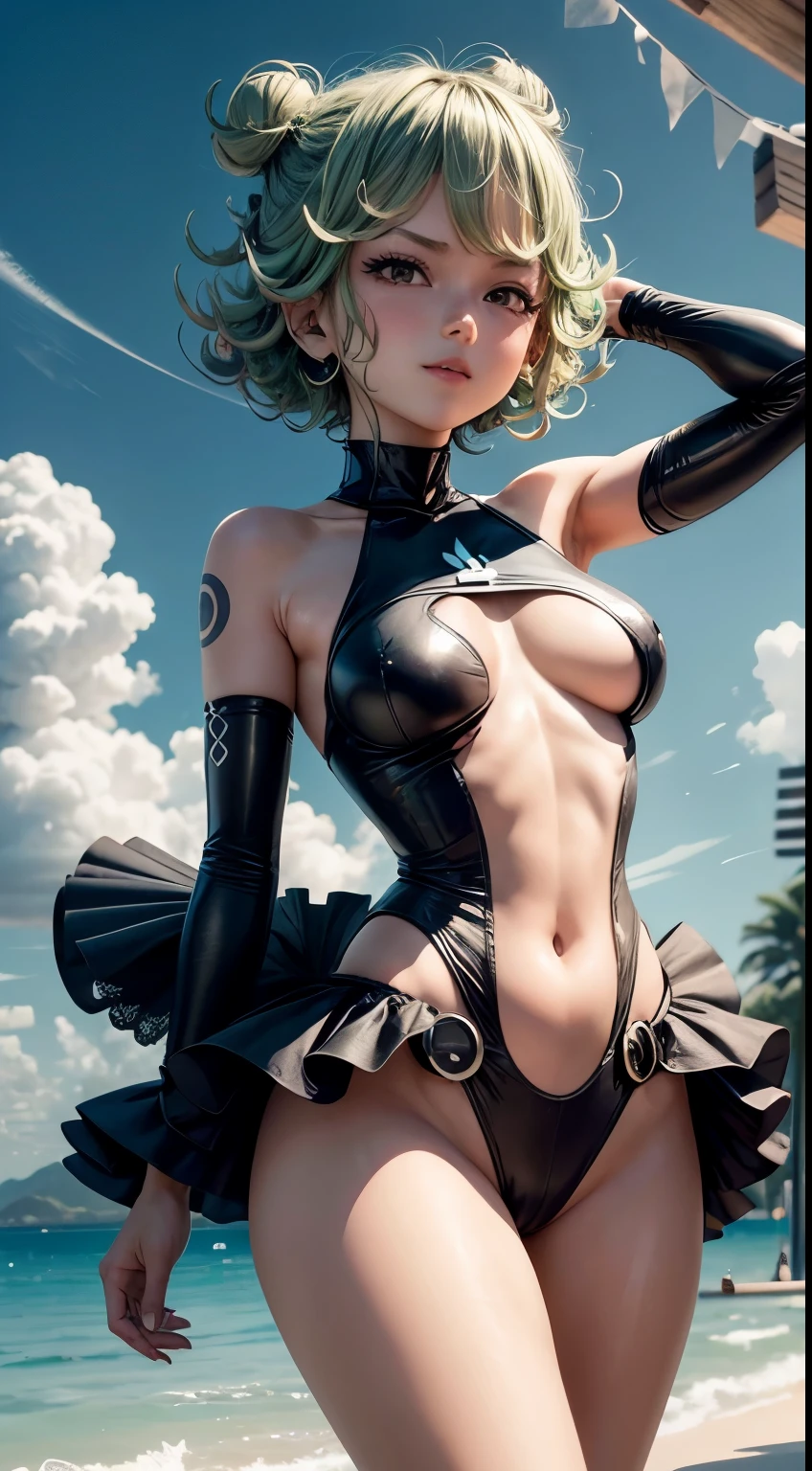 Tatsumaki de one punch man, tatuagens no corpo, tatuagem, tattoo on upper arm, seios tamanho P, seios muito pequenos, seios pequenos, voando, flutuando, Bottom-up view, heaven, nuvens, nuvens detalhadas, sorriso, feliz, , (melhor datalismo), (ultra detalismo), (otima qualidade), (melhor qualidade), (master part)