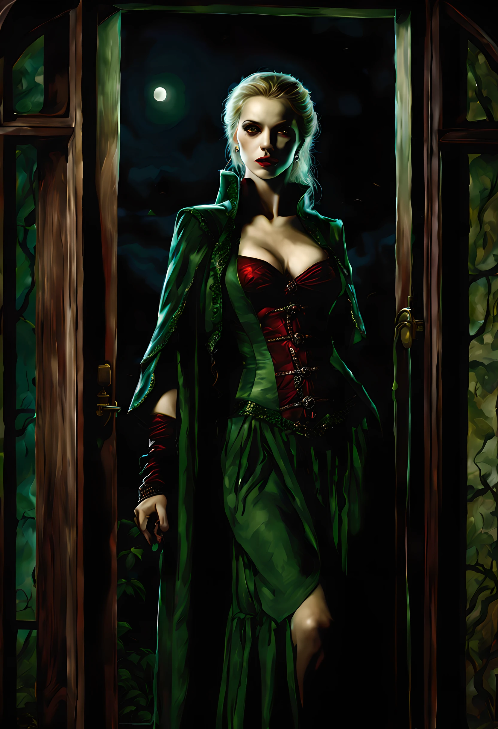 icture of vampire standing in the front of her home, an exquisite beautiful female vampire in her front door of her home, full body (ultra detailed, Masterpiece, best quality), ultra detailed face (ultra detailed, Masterpiece, best quality), grey skin: 1.3 , blond hair, hair in a ponytail, long hair, blue eyes, cold eyes, glowing eyes, intense eyes, smile with [drops of blood on face] (ultra detailed, Masterpiece, best quality), dark red lips, [vampire fangs], wearing red dress (ultra detailed, Masterpiece, best quality), (green: 1.4) dark green cloak, (green: 1.3) green high heeled boots in front of her home, high details, best quality, 16k, [ultra detailed], masterpiece, best quality, (ultra detailed), full body, ultra wide shot, photorealism, luis royo style, dark fantasy art, moon light coming through the window, moon rays, gothic art, sense of dread, sense of seduction, bloodmagic