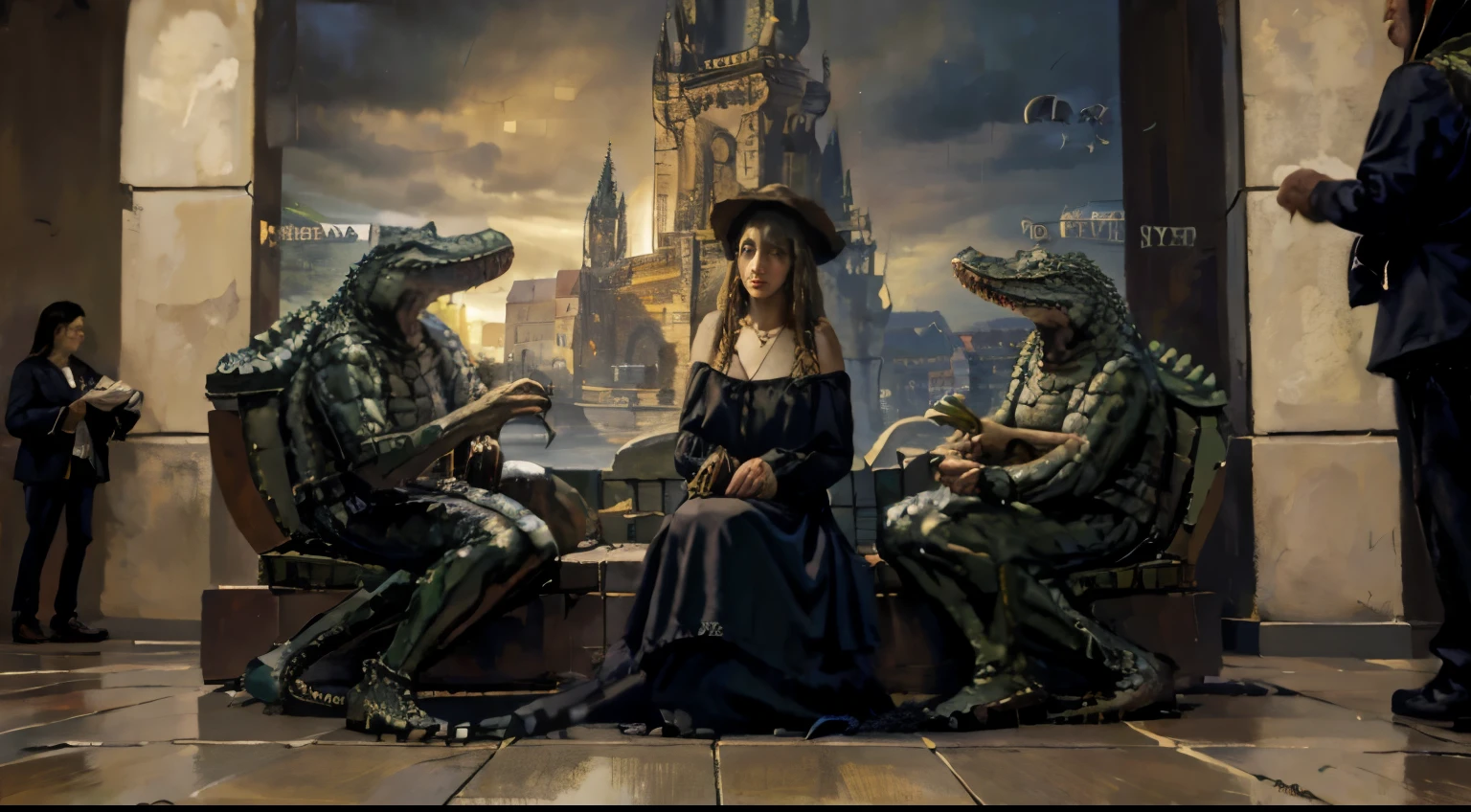 Bunch of Alligator tourist in Prague, in style of old oil painting