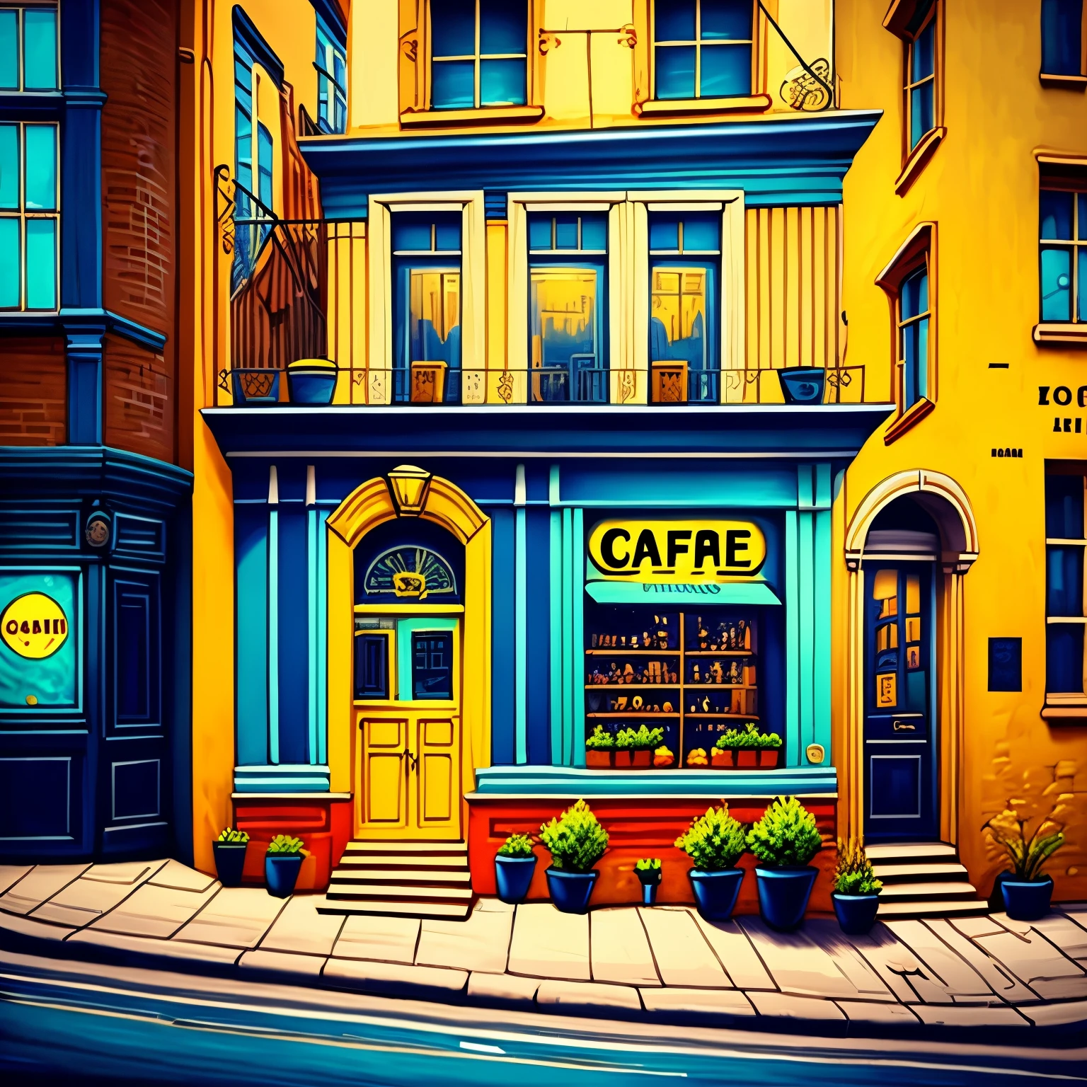 luxurious, View of cafe and clothing store, very well, protecting the cafe, shining bright, basquiat style, Van Gogh style,