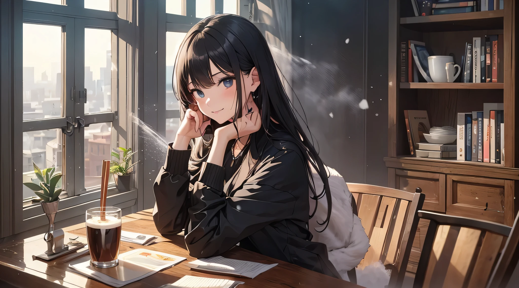 top-quality、Top image quality、masterpiece、Teenage girl((Black Suit、18year old、 Ager、Best Bust、big bast,Black eyes, Long Black Hair、A slender,Large valleys、sit a chair、Operating a computer、Gentle face、A slight smil)),hiquality、Beautiful Art、Background with((Calm room、bookcase、Black walls、window、snow blowing、The table、Hot milk、Christmas))masterpiece、depth of fields,Cinematic style