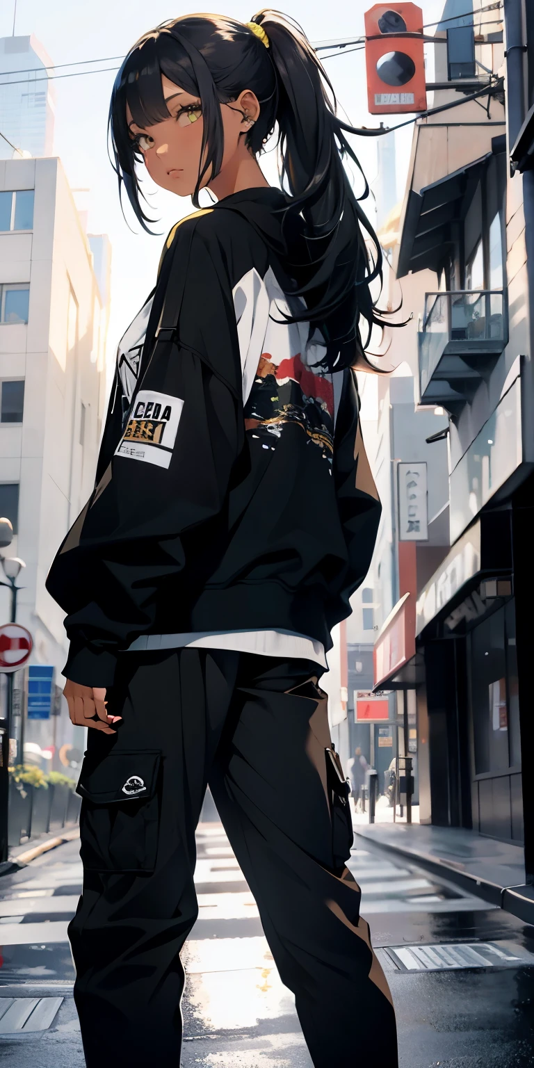 (masterpiece:1.4), 1girl, Streetwear, cargo pants, street, (masterpiece, best quality, highres, ultra detailed ), night, depth of field, absurdreasterpiece:1.4), ultra-detailed, 1girl, dark-skinned, stand up, black and yellow, long black wildly hair with white streaks, tatoos, white hair white lips, cool backstreet background