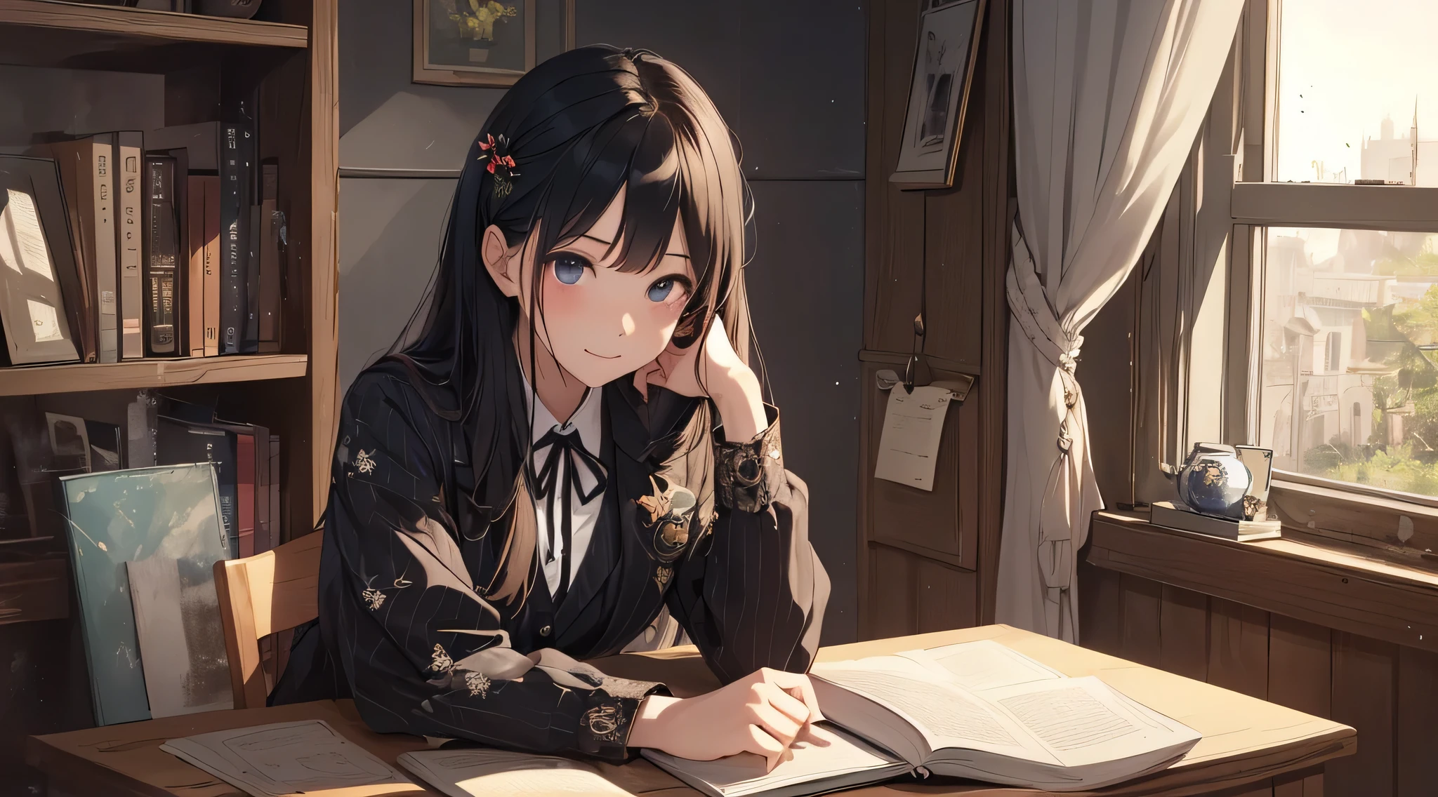 top-quality、Top image quality、masterpiece、 girl((Black Suit、18year old、 Ager、Best Bust、big bast,Black eyes, Long Black Hair、A slender,Large valleys、sit a chair、Operating a computer、Gentle face、A slight smil)),hiquality、Beautiful Art、Background with((Calm room、bookcase、Black walls、window、snow blowing、The table、Hot milk、Christmas))masterpiece、depth of fields,Cinematic style