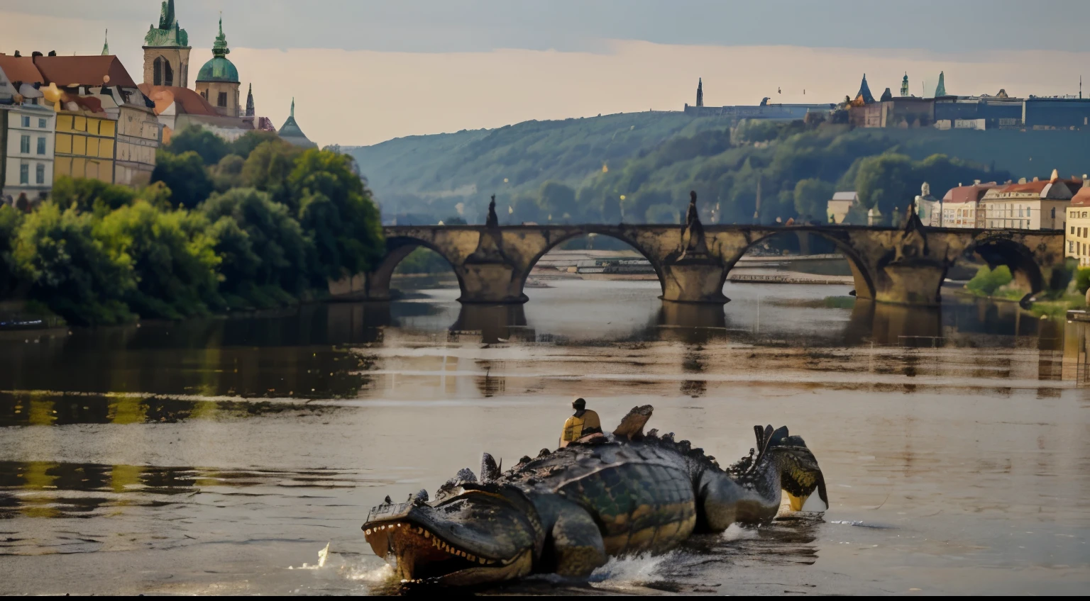 Bunch of Alligator tourist in Prague, in style of old oil painting