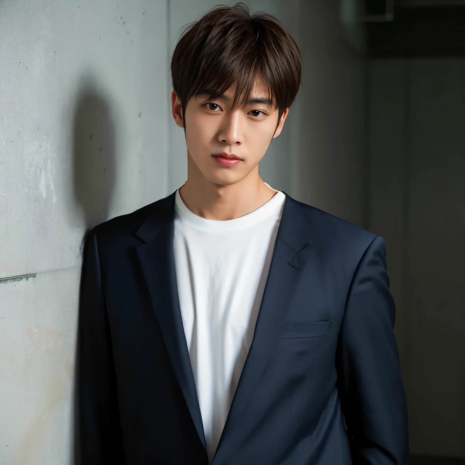 Frustrated image of a man in a suit leaning against a wall, kousuke oono, Hyuntae, Jinyoung Shin, Kim Do-yeon, jung jaehyun, With short hair, Cai Xukun's, Shin Jung-ho, jimin, seseon yoon, wonbin lee, by Tadashi Nakayama, miyagawa choshun, fukaya yuichiro