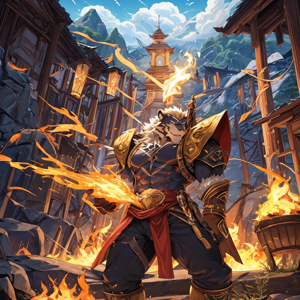 one tiger，stronagic energy，gorgeouagic，火焰，a sea of fire，dressed in