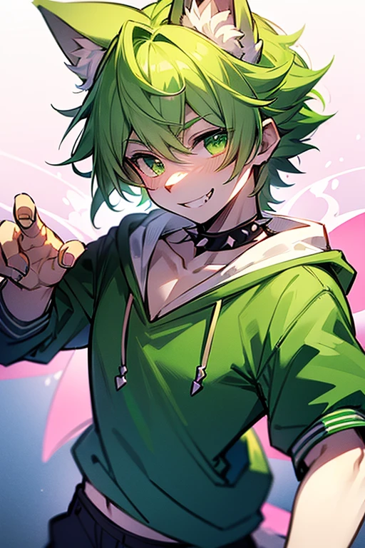 (((8K))), (((wolf))), ((spiky hair)), nose bandage, (((limegreen hair))), boy, boy, cute boy, cute, lime green eyes, lime green hoodie, long muzzle, smiling, delinquent, handsome, very detailed, intricate detail, detailed face, cute fang, enthusiastic, energetic, playful, pink nose, black fur, white inner fur, white belly, ((magic boy)), ((madoka anime)), (((Puella Magi Madoka Magica)))