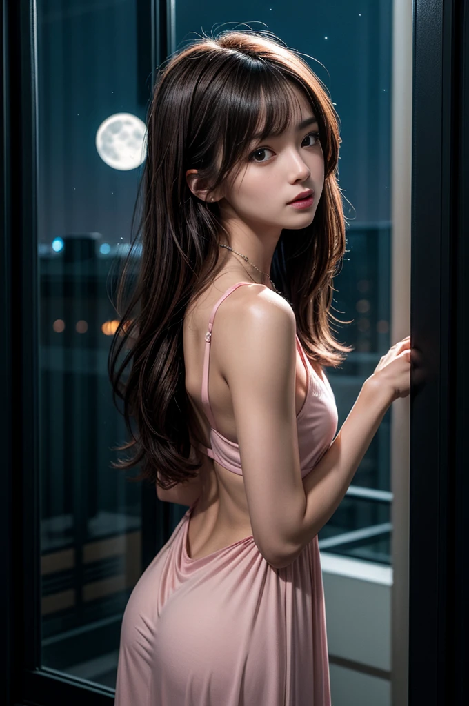 (Photoreal Stick:1.5, masutepiece:1.5, 8K), (top-quality, masterpiece, 超A high resolution), Perfect dynamic composition, Professional camera work:1.4, Highly detailed skin and facial texture:1.3, Mystical portrait:1.3, Grow Light Effect, The ultra-detailliert, 1girl in, ((Night view from inside the building, Pitch black room:0.9, The moonlight at night shines through the glass)), (pink v-neck nightdress), Model body type, Clear face, (Beautiful and seductive eyes:0.8, Enraptured look:0.8, i love you completely:0.8, A mouthfeel that feels beautiful eros:0.7), Dark brown medium hair, the chest is medium, a necklace, (backshots, Beautiful back), ((seductiv))