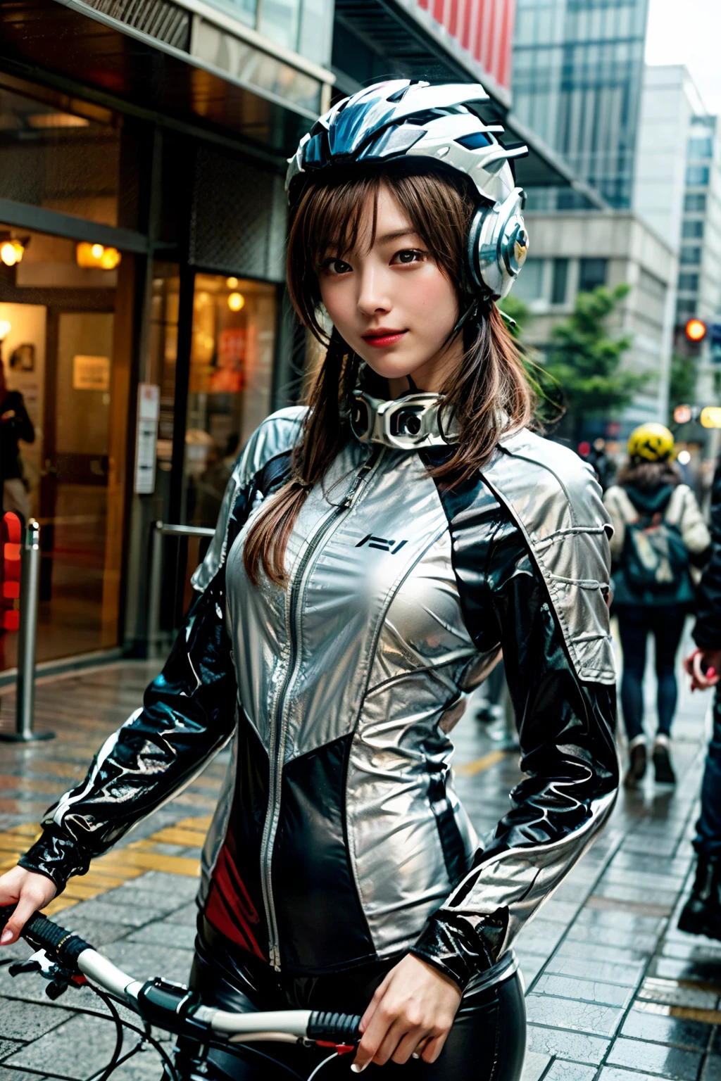 Highest image quality, excellent details, Ultra-high resolution, (fidelity: 1.4), The best illustrations, favor details, Highly condensed 1girl, with a delicate and beautiful face, swim wears、Dressed in a silver and white mecha, Wearing a mecha helmet, holding a directional controller, rides a bike, a small face、スポーツタイプのrides a bike、the background is a high-tech lighting scene of the futuristic city、Having apples