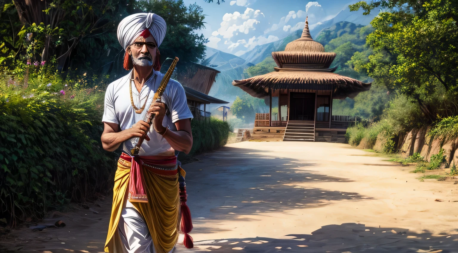 An Indian snake charmer plays his flute while walking across the path of a rural Indian village long shot photo realistic