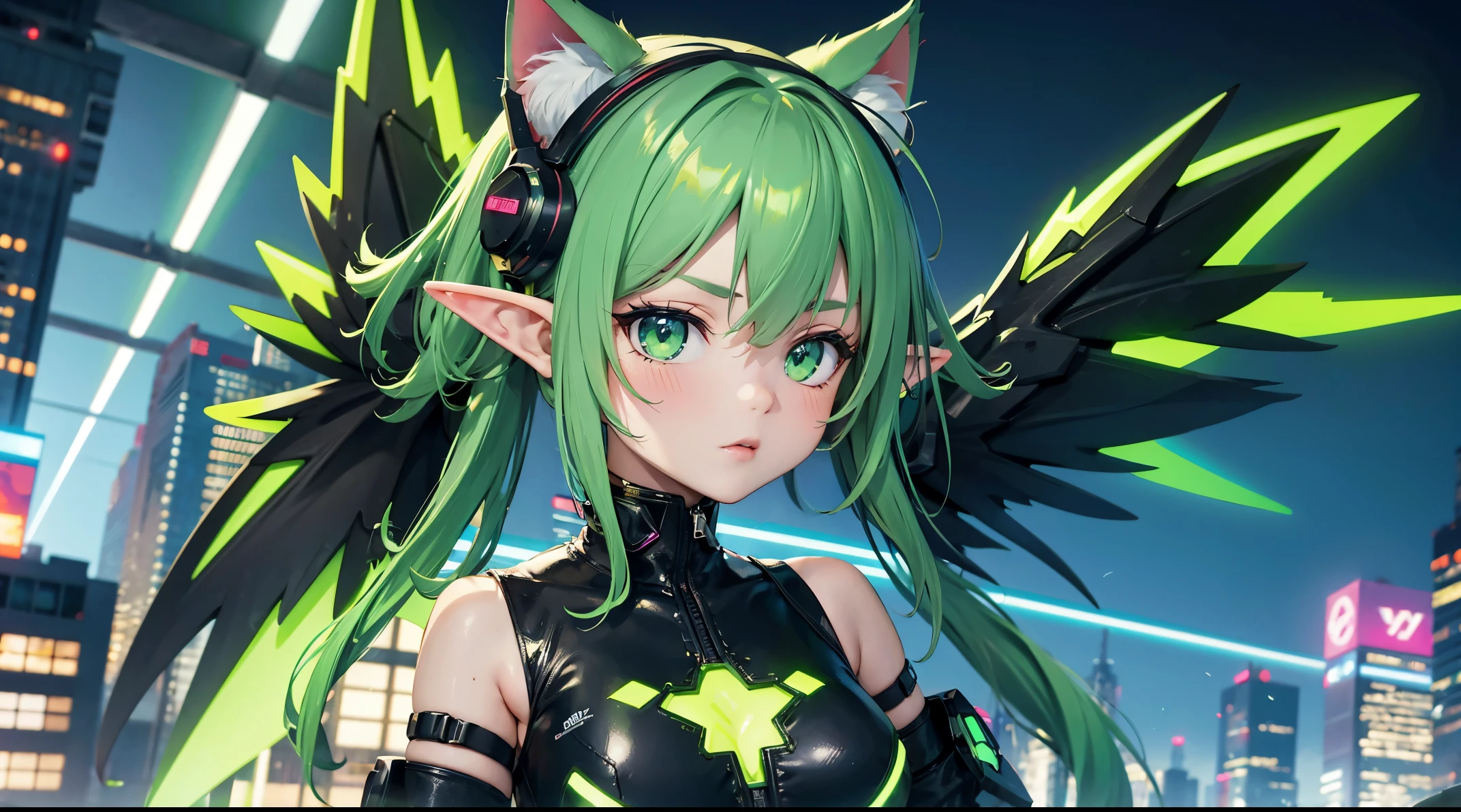 cyberpunk, elf girl, cat ears, neon green hair, wings, electronic wings, cute face, city, lightning strike, dramatic