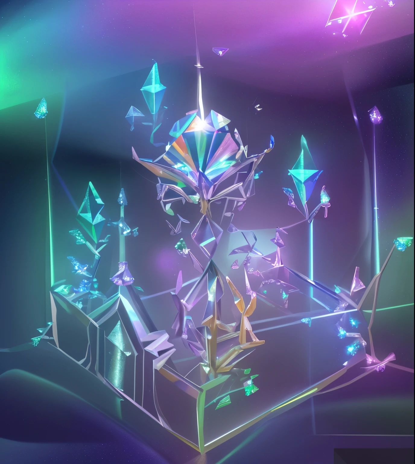 (best quality,4k,8k,highres,masterpiece:1.2),ultra-detailed,(realistic,photorealistic,photo-realistic:1.37),crystal decorations,in a surrealistic metallic environment,glowing holographic light,sci-fi aesthetics,multiple colorful light sources,resembling a futuristic space station,with intricate crystal formations suspended in mid-air,reflecting and refracting the light,creating beautiful prismatic patterns,sharp focus on crystal edges and facets,the crystals emit a soft, ethereal glow,illuminating the surroundings,giving a sense of mystique and otherworldliness,vivid colors reminiscent of neons and iridescent hues,enhanced by HDR and studio lighting,creating a visually stunning composition