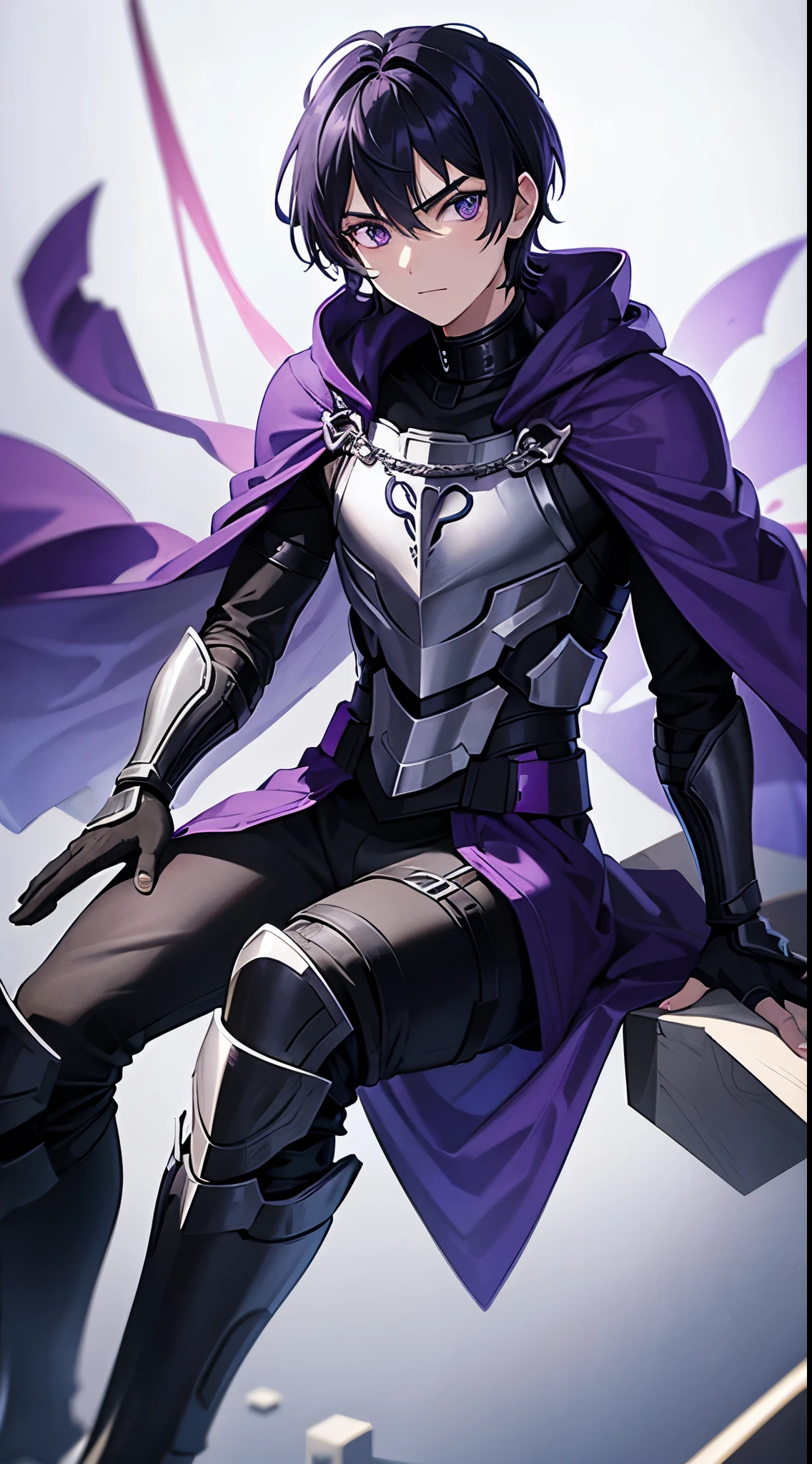 Teenage boy, Short purple hair, obsidian colored eyes, sitting on a throne floating in an empty void background, wearing plated armor with a hooded.