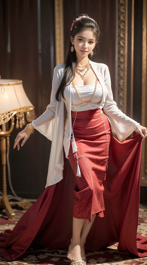 , (Realistic:1.3), insane details, quality, (master-piece:1.2), (ภาพRealistic:1.2), (qualityที่ดีที่สุด), (Detailed skin:1.3), (intricate detailed), ray tracing, ((Full body)), ((1woman)), (((1man))), 18-20 years old, ((long-haired, Very long.)), smile, Red Dresses, white capelet, red skirt with pattern, Contrast color between dress and skirt, skirt pattern, earrings, necklace, Javanese jewelry, (blurred background), Eyes on camera, breast cleavage, huge breast,, Beautiful breast, Big breast augmentation, elongated legs