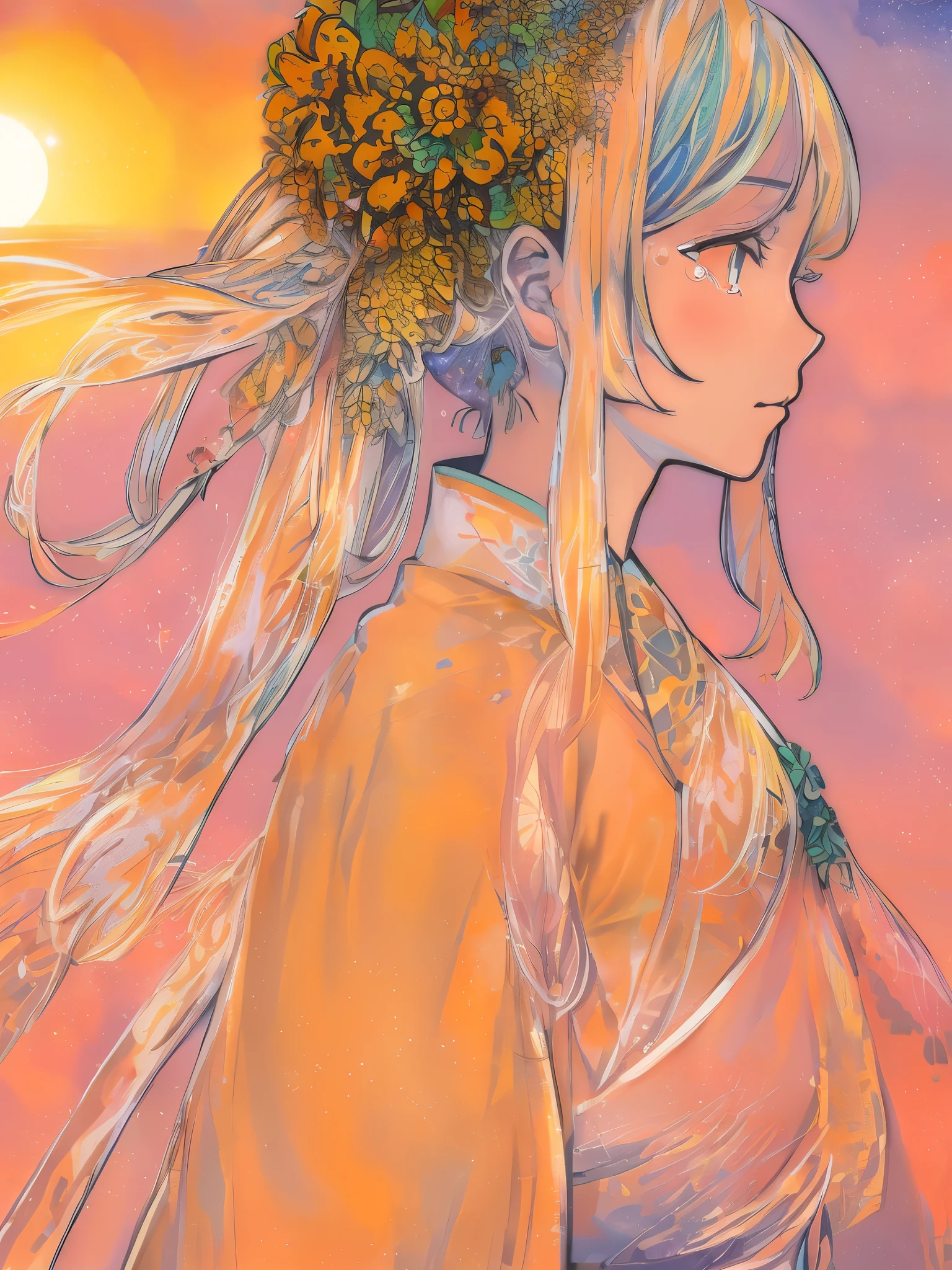 (in 8K, Raw photography, Best Quality, masutepiece: 1.2), high-definition RAW color photography, Professional Photography, Cinematic Light, (animesque:1.2), (1womanl), a blond, ((Brightly colored kimono)), (Detailed facial expressions), slenderbody, ((sad Facial expression;1.9)), ((Tears run down my cheeks, flowing tears)), Take your eyes off, ((Contre-Jour, sunset and starry sky:1.5)), (((detailed color painting))),Highly detailed, Photography, masutepiece, High quality, High quality, hight resolution, Professional Lighting,