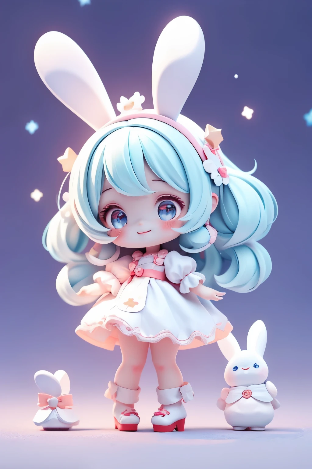 Cute *********** doll with bunny ears, smiling, little doll, stars in eyes, eye up, laughing together, cute red shoes, ultra detail, radiant, bioluminescence, shot from side, stronger bokeh effect, snowflake, white cock costume