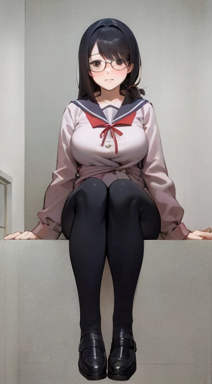 Stema Peace、hanekawa tsubasa、attack of glasses、A dark-haired、large boob、 (Black hair, Brown eyes, Round face), (nose blush, half opened eye),, [Full body shot]、eye glass、Head-to-toe shots、A dark-haired、Tying up the chest...、lifted by a rope、