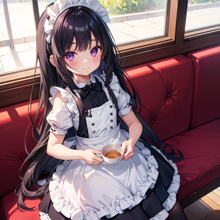 high quality, detailed, 1girl, loli, infant, 10 years old, flat breast, maid, black hair, long hair, purple eyes, smile, serving tea, in cafe,