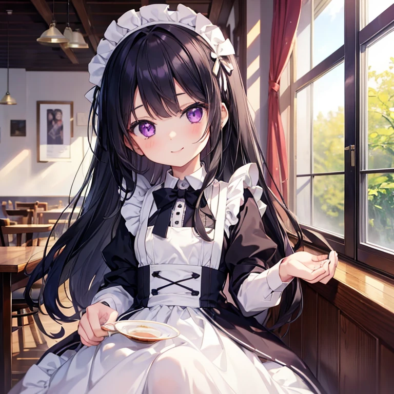 high quality, detailed, 1girl, li, in10 yearsreast, maid, black hair, long hair, purple eyes, smile, serving tea, in cafe,