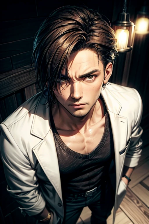 Full body view, view from above, up view,A handsome Yakuza boy with leather jacketand stylish hairstyle , , brown eyes, , ((very detailed)), (perfectly detailed face), (well detailed hand), photorealistic image.night light, night, glowing, gentle style , gentle pose, full body view