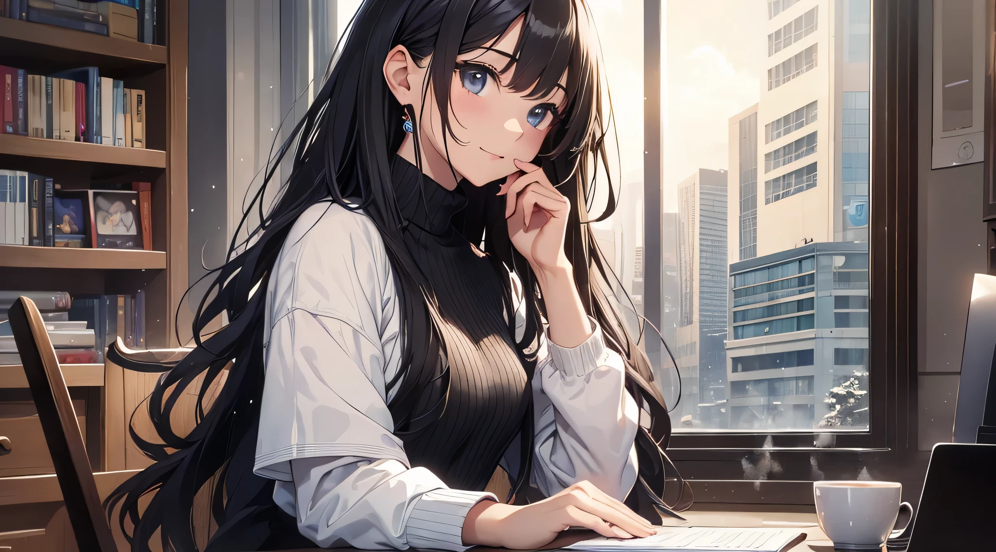 top-quality、Top image quality、masterpiece、 girl((Black Suit、18year old、 Ager、Best Bust、big bast,Black eyes, Long Black Hair、A slender,Large valleys、sit a chair、personal computers操作している、Gentle face、A slight smil)),hiquality、Beautiful Art、Background with((Calm room、bookcase、Black walls、window、snow blowing、The table、Hot milk、Christmas、personal computers、Aroma diffuser、microphone、Radio Room))masterpiece、depth of fields,Cinematic style