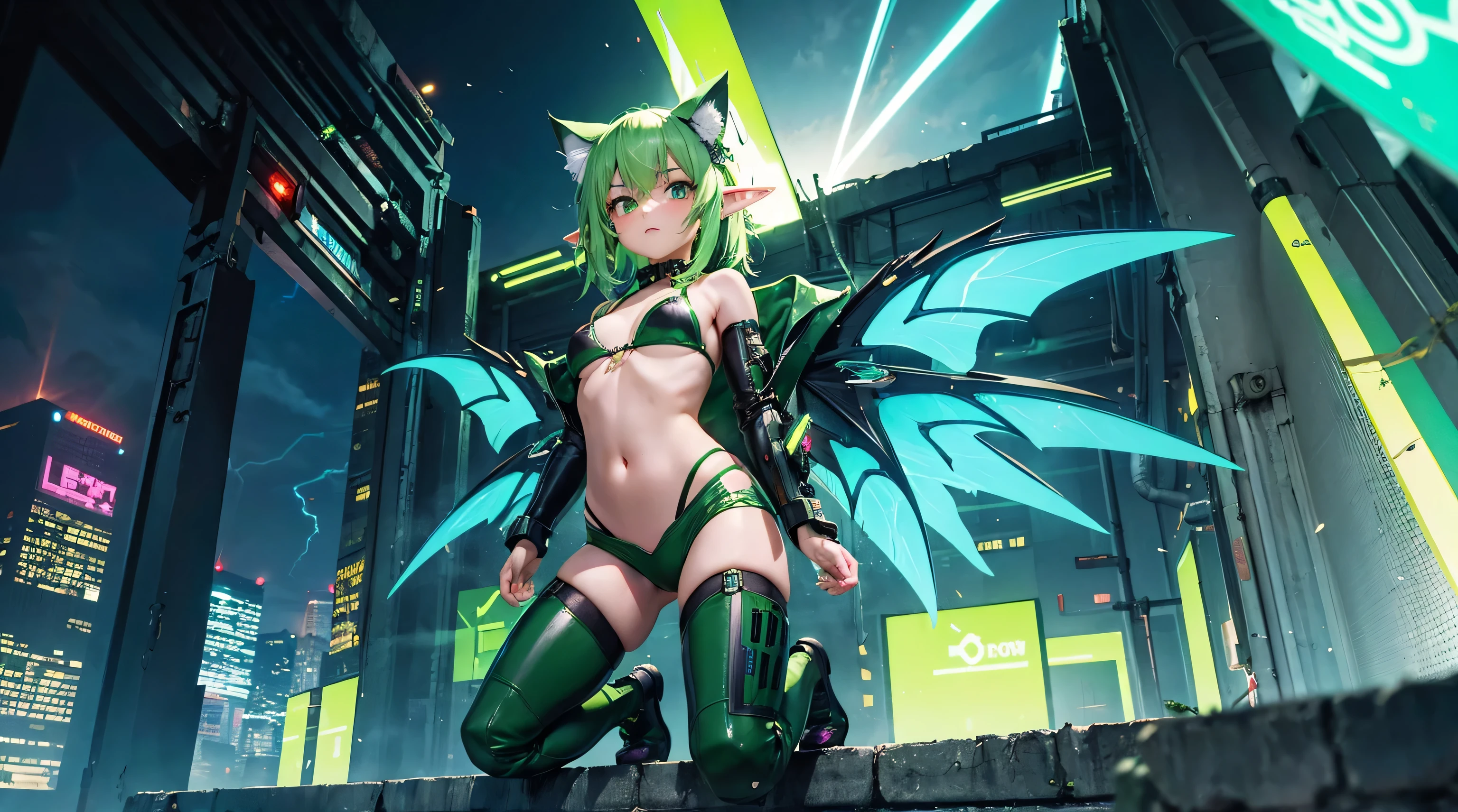 cyberpunk, elf girl, cat ears, neon green hair, wings, electronic wings, cute face, city, lightning strike, dramatic, bikini, cyber robot companion sphere