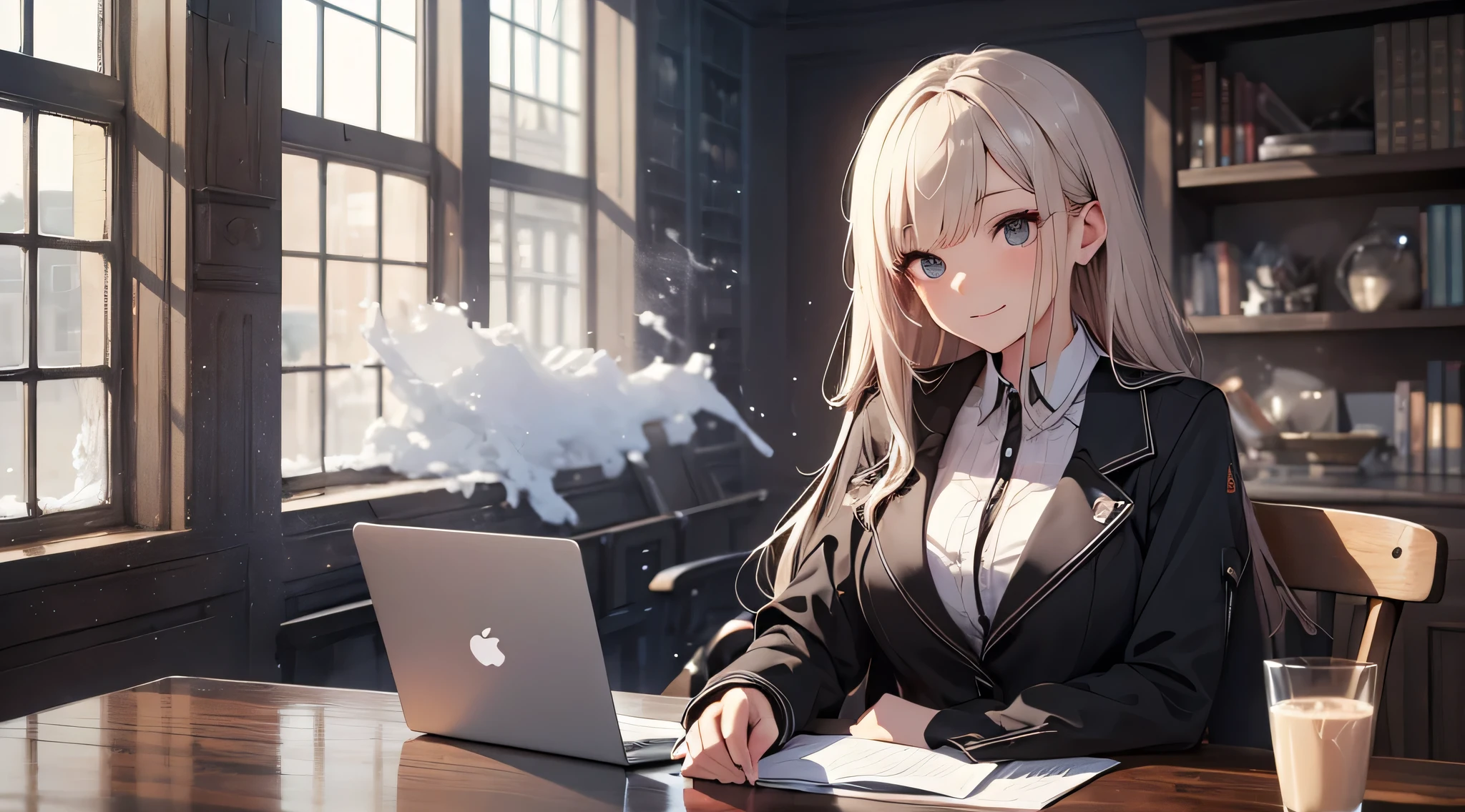 top-quality、Top image quality、masterpiece、Teenage girl((Black Suit、18year old、 Ager、Best Bust、big bast,Black eyes, Long Black Hair、A slender,Large valleys、sit a chair、personal computers操作している、Gentle face、A slight smil)),hiquality、Beautiful Art、Background with((Calm room、bookcase、Black walls、window、snow blowing、The table、Hot milk、Christmas、personal computers、Aroma diffuser、microphone、Radio Room))masterpiece、depth of fields,Cinematic style
