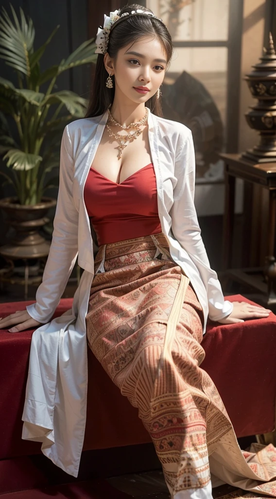 , (Realistic:1.3), insane details, quality, (master-piece:1.2), (ภาพRealistic:1.2), (qualityที่ดีที่สุด), (Detailed skin:1.3), (intricate detailed), ray tracing, ((Full body)), ((1woman)), (((1man))), 18-20 years old, ((long-haired, Very long.)), smile, White Dresses, Red coat, red skirt with pattern, The color matches the dress and skirt., skirt pattern, earrings, necklace, Javanese jewelry, (blurred background), Eyes on camera, breast cleavage, huge breast,, Beautiful breast, Big breast augmentation, elongated legs