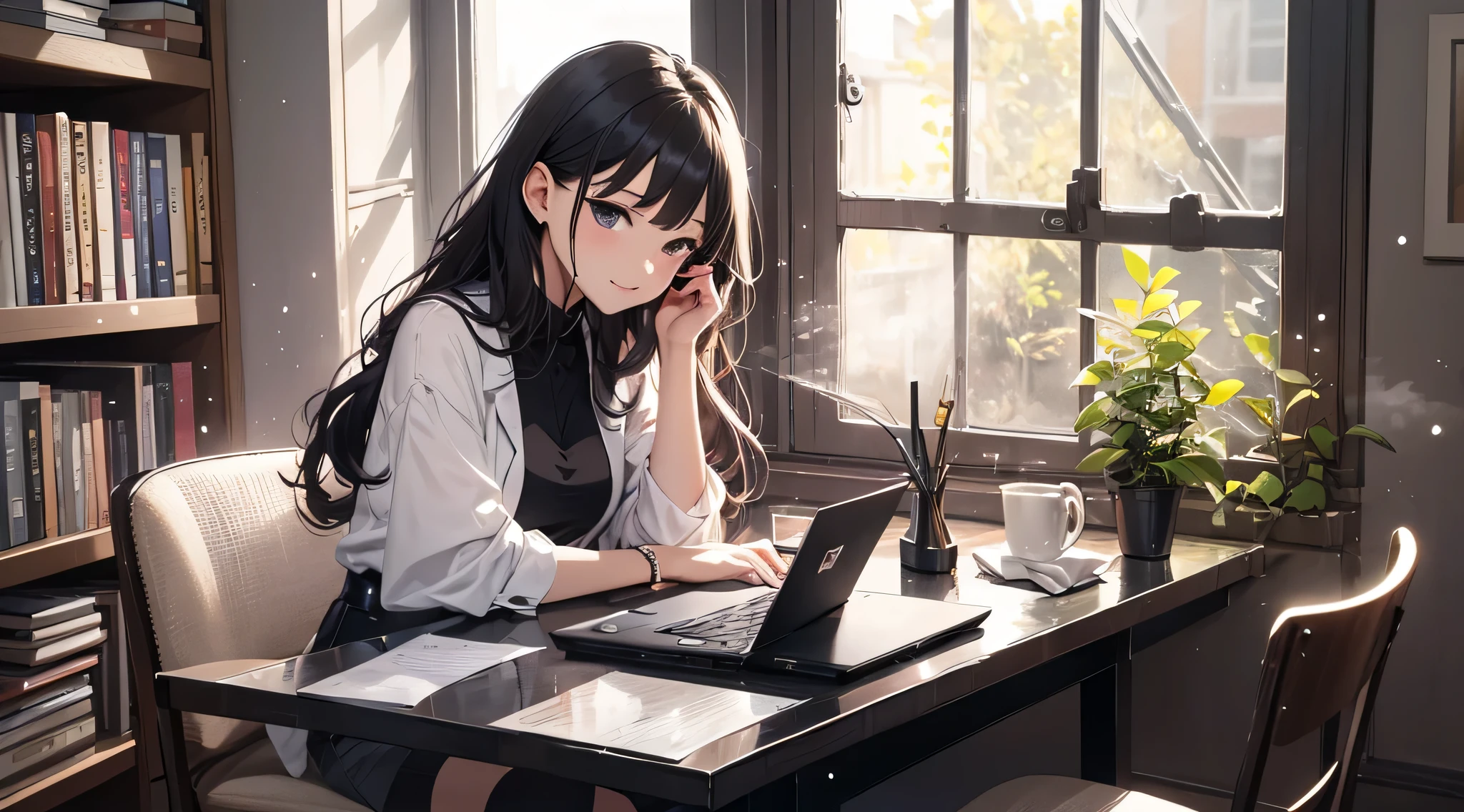 top-quality、Top image quality、masterpiece、Teenage girl((Black Suit、18year old、 Ager、Best Bust、big bast,Black eyes, Long Black Hair、A slender,Large valleys、sit a chair、personal computers操作している、Gentle face、A slight smil)),hiquality、Beautiful Art、Background with((Calm room、bookcase、Black walls、window、snow blowing、The table、Hot milk、Christmas、personal computers、Aroma diffuser、microphone、Radio Room))masterpiece、depth of fields,Cinematic style