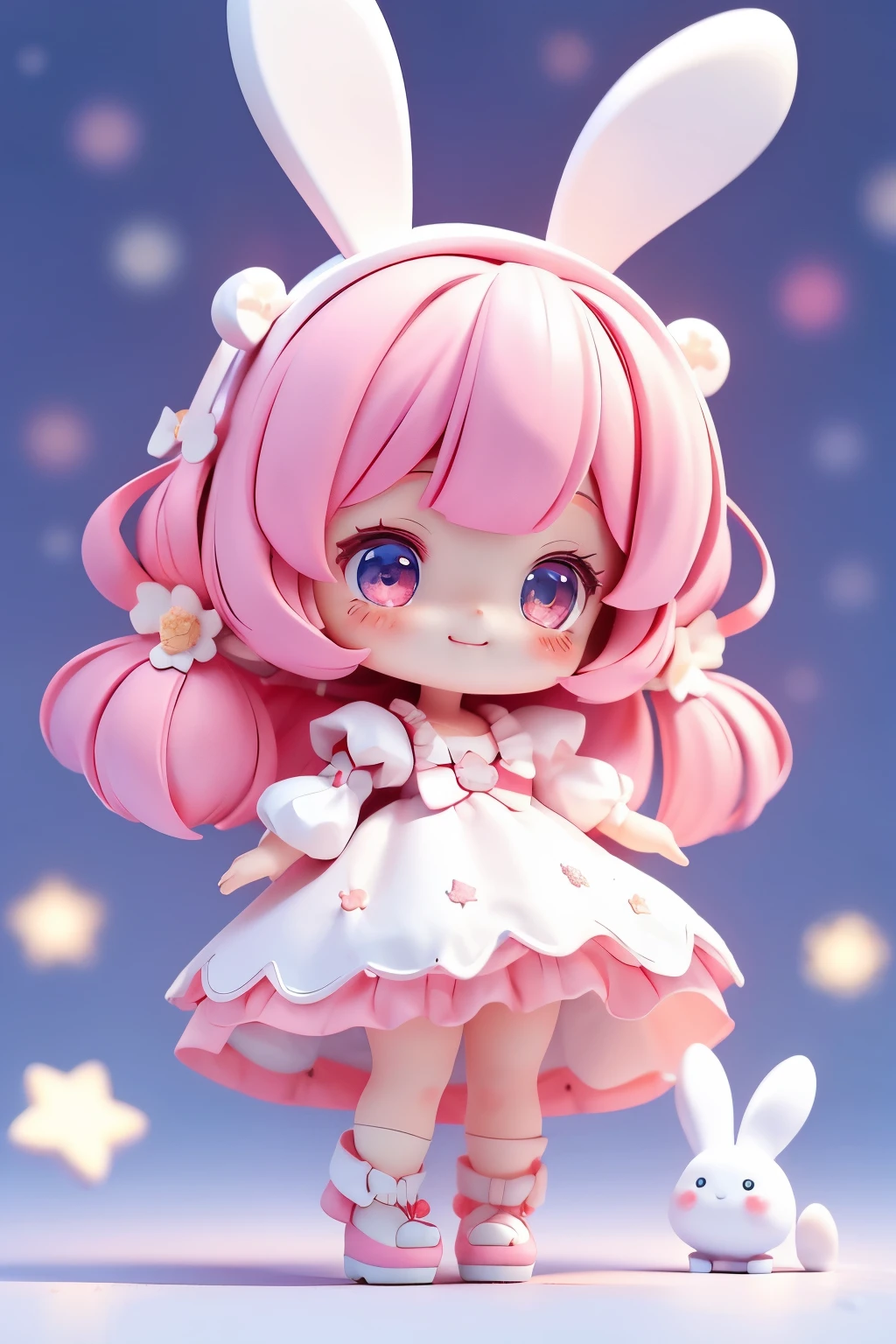 Cute girl doll with bunny ears, smiling, chibi doll, stars in eyes, eye up, laughing together, cute red shoes, ultra detail, radiant, bioluminescence, shot from side, stronger bokeh effect, snowflake, white cock outfit, wheat skin, pink hair
