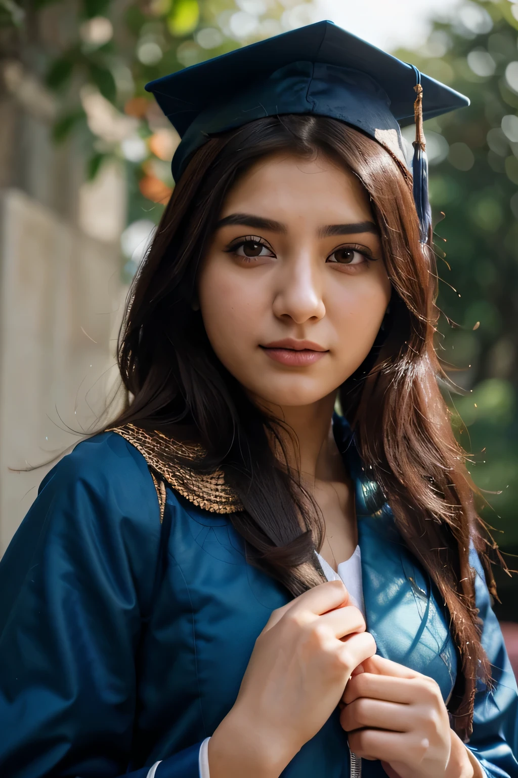 a close up of a woman in a graduation gown and cap, a colorized photo by Nazmi Ziya Güran, shutterstock, academic art, graduation photo, wearing an academic gown, post graduate, student, maya ali sorcerer, 2. sigara aşırmak, university, maya ali, maya ali as d&d sorcerer