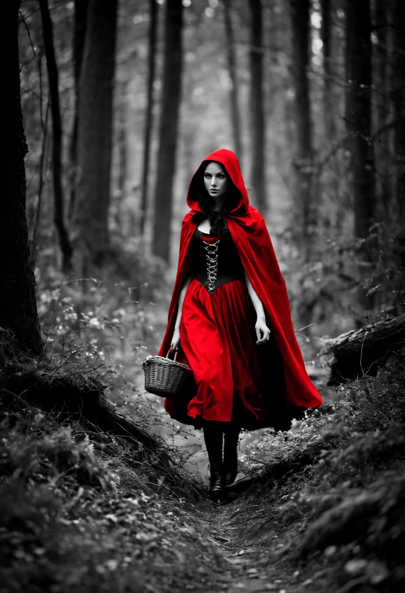 Colorsplash image of a Beautiful young adult ridinghood walking through the forest