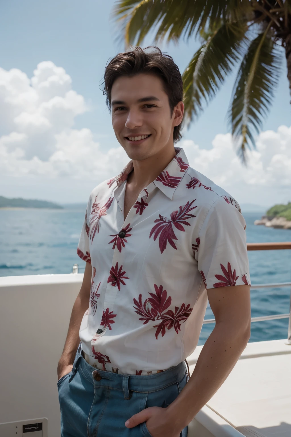 a man short hair, RAW, UHD, 8K, looking at camera, on a yacht at sea, vacation photo, island paradise, colorful Hawaiian button up shirt, candid, amateur, natural lighting, perfect day, [smiling]