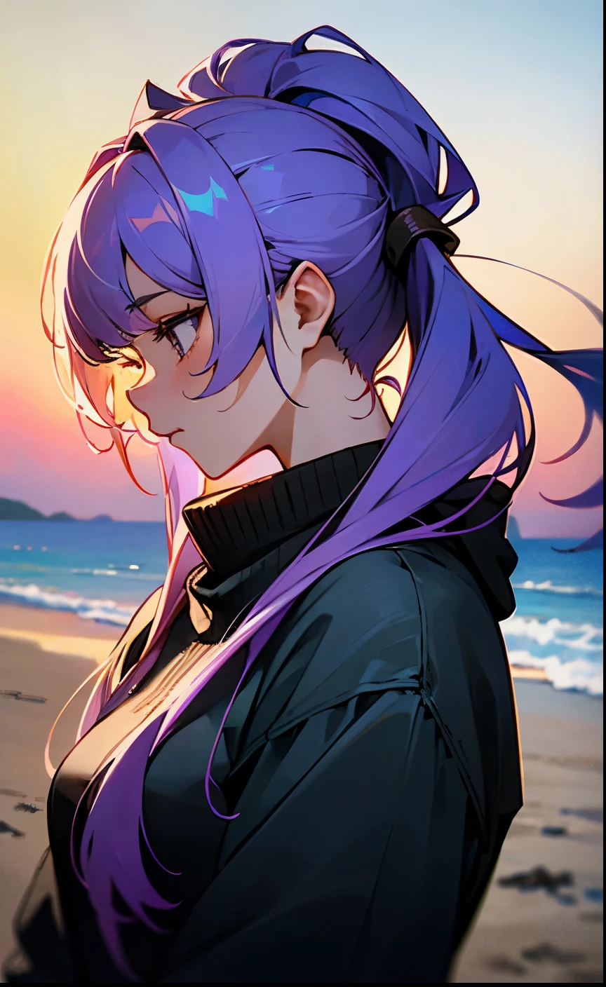 Purple colored hair,Purple colored hair,the sunset,sandbeach,beachside,Ultra-clear resolution,Black sweatshirt,High ponytail,