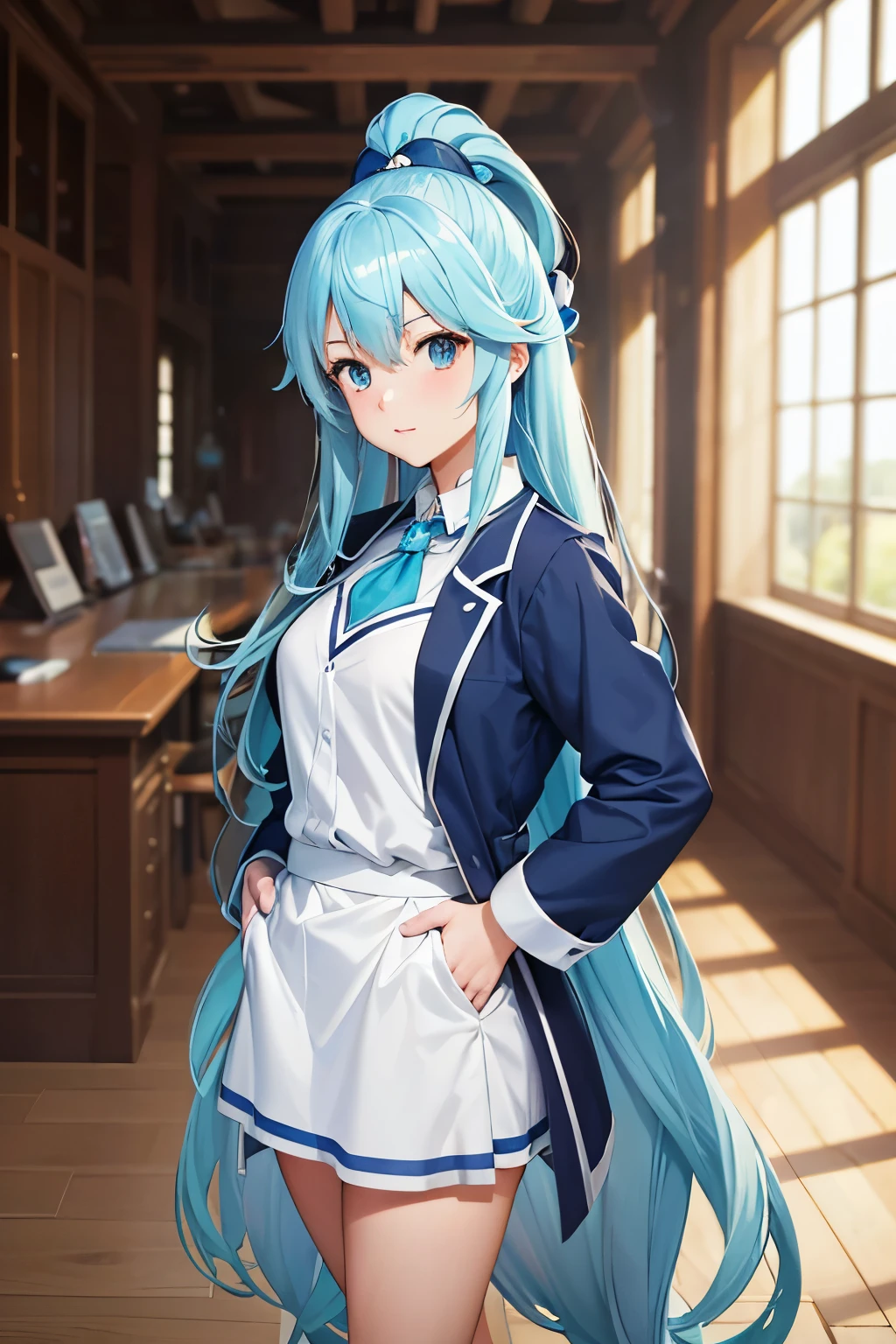 Masterpiece, Best Quality, hiquality, hight resolution, 1girl, 独奏, Aqua (Konosuba), Blue hair, Long hair, blue eyes, white shirt ,Long lab coat, Black Office Skirt, thights, thights, full - body, Standing, hands in pocket, bored, Depth of field, laboratory,