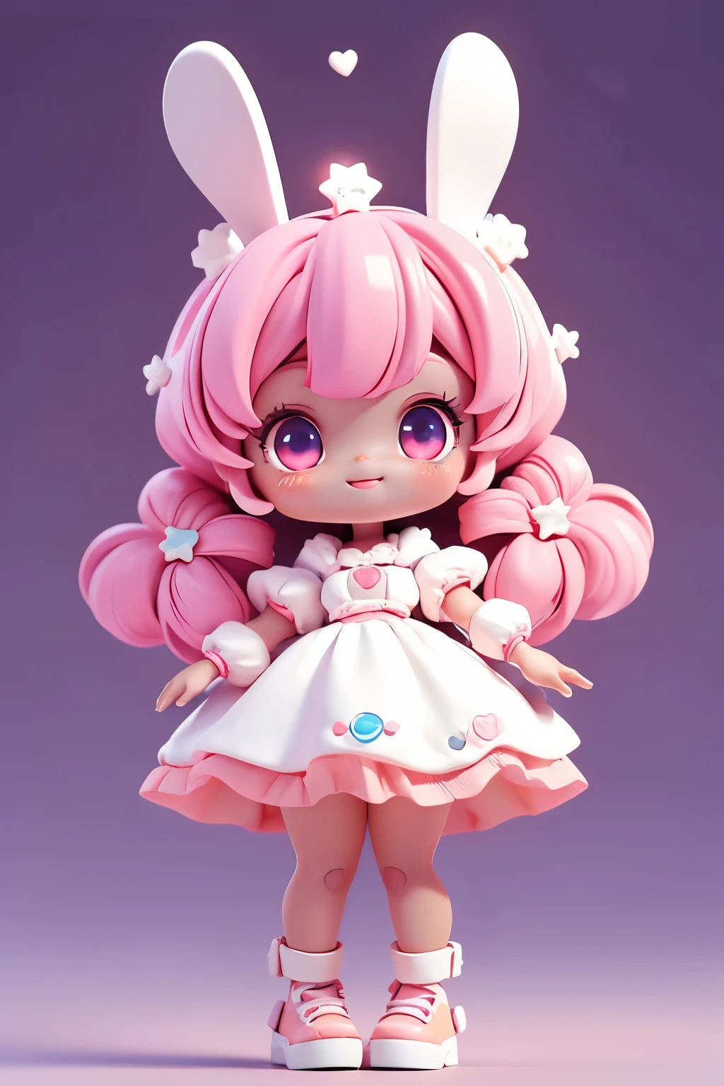 Cute little black girl doll with bunny ears, smiling, little doll, stars in eyes, eye up, laughing together, cute red shoes, ultra detail, radiant, bioluminescence, shot from side, stronger blur effect, snowflake, white cock outfit, (wheat skin 1 .8), pink hair