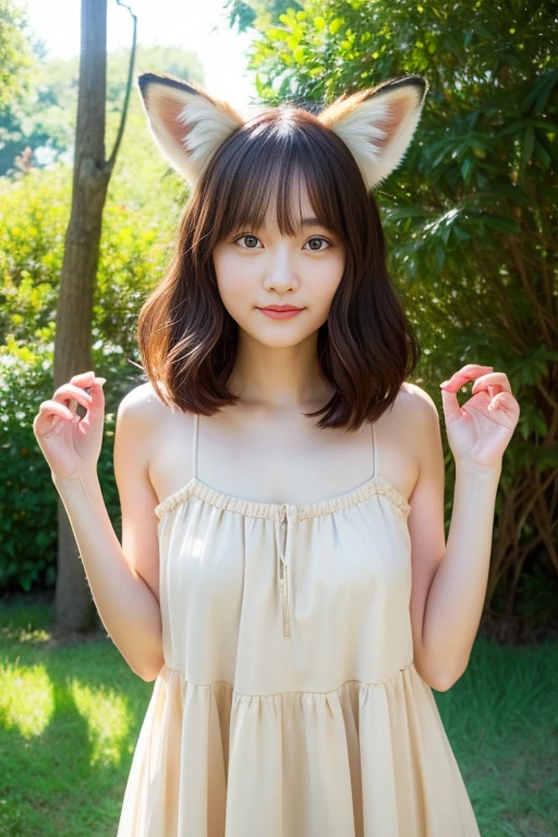 1 woman，high-level image quality，Realistic，Forest background，There are fox ears on the head，There&#39;There&#39;s a fox tail on his back，140cm，high-level image quality，Realistic，beatuful nature，the morning sun，hard disk，8K，Camisole dress rom head to feet，short-haired，chest with rounded tips，kawaii，A detailed eye，face forwards，Looking at the camera